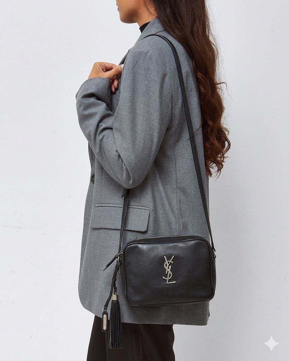 Saint Laurent Black Grained Leather YSL Lou Camera Bag SHW