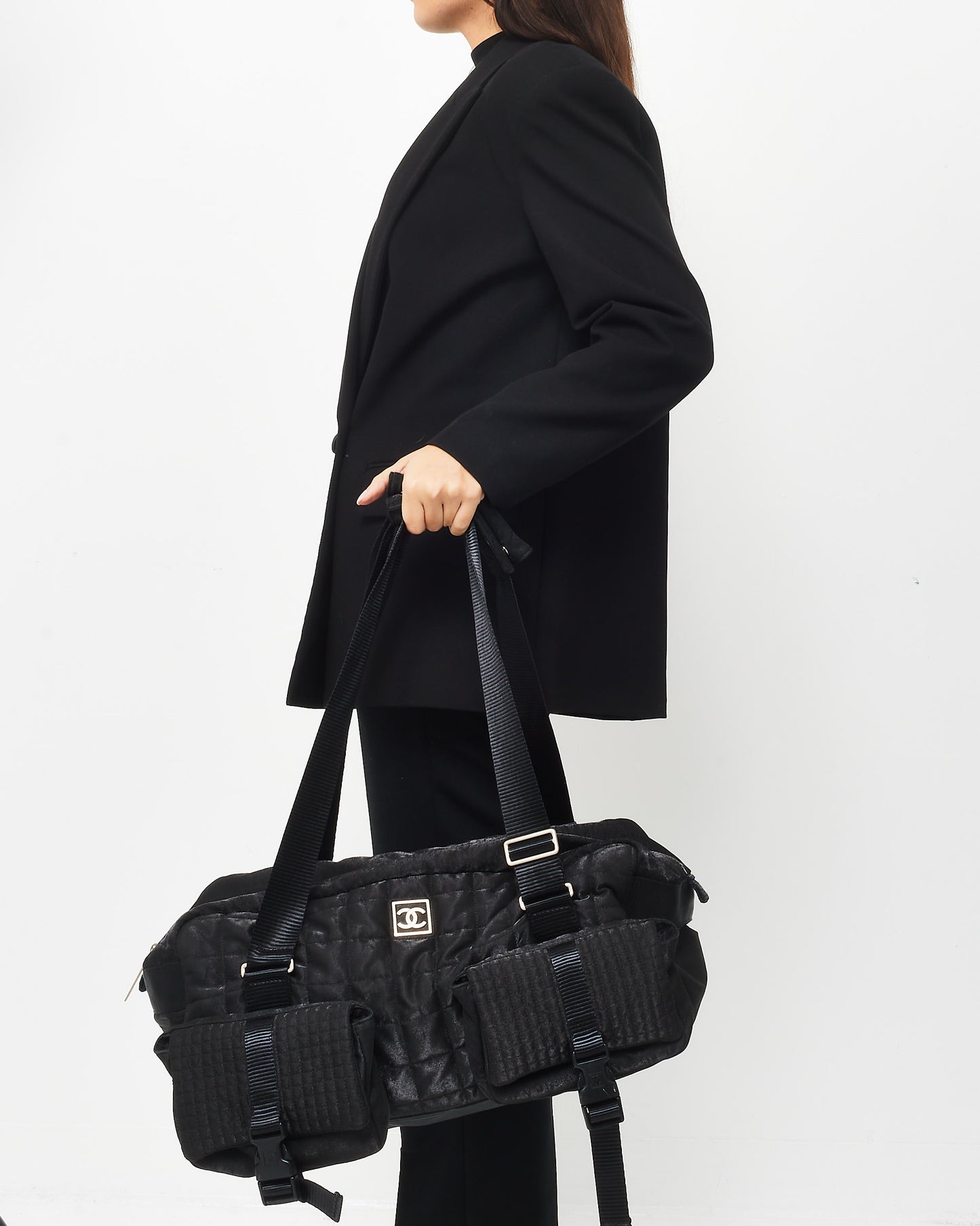 Chanel Black Shimmer Nylon Pocket Logo Duffle Bag