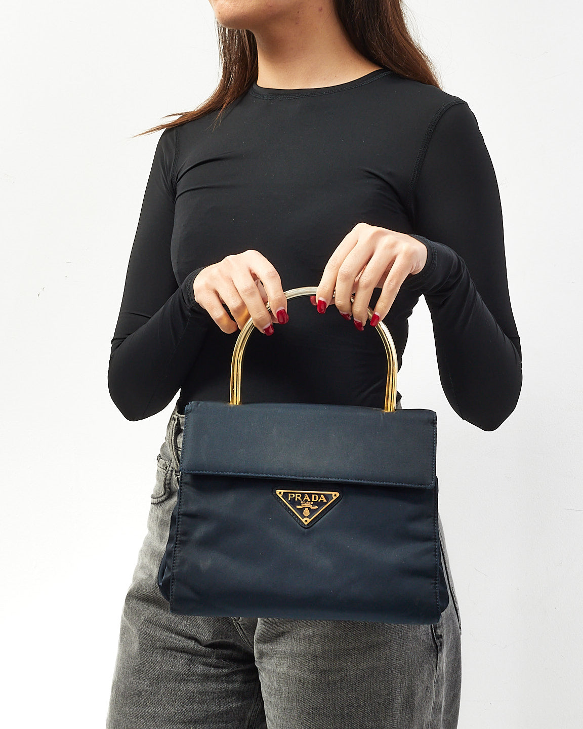 Prada Vintage Black Nylon & Gold Top Handle Bag