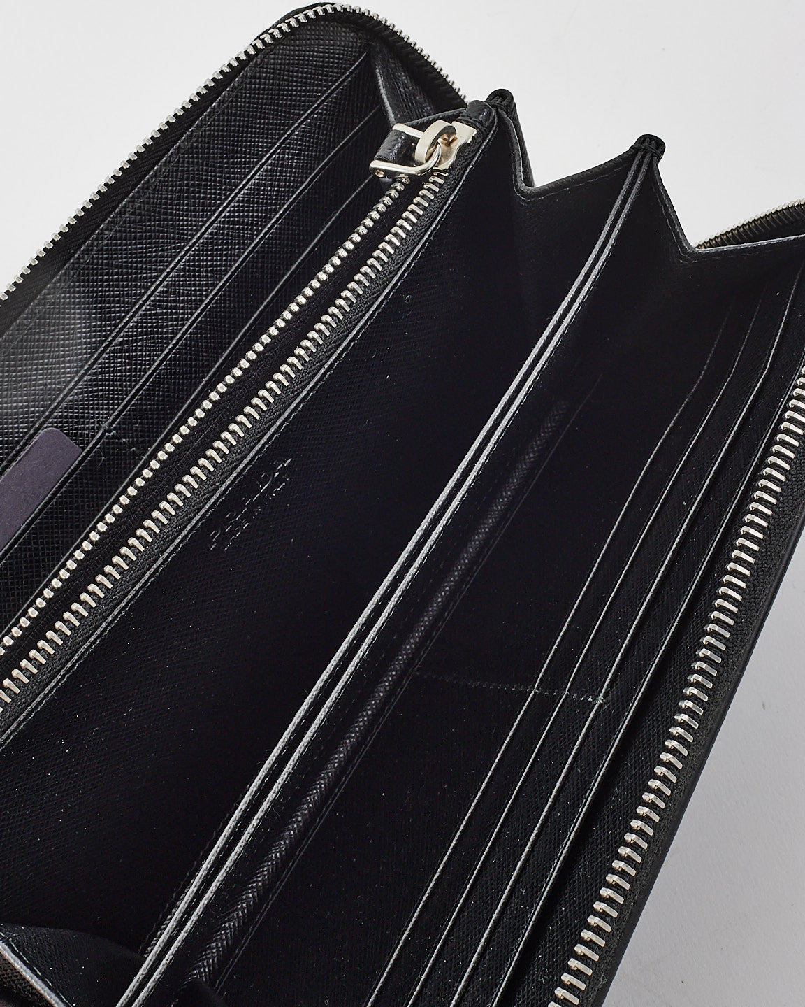 Prada Black & Blue Saffiano Leather Logo Patch Long Zip Wallet