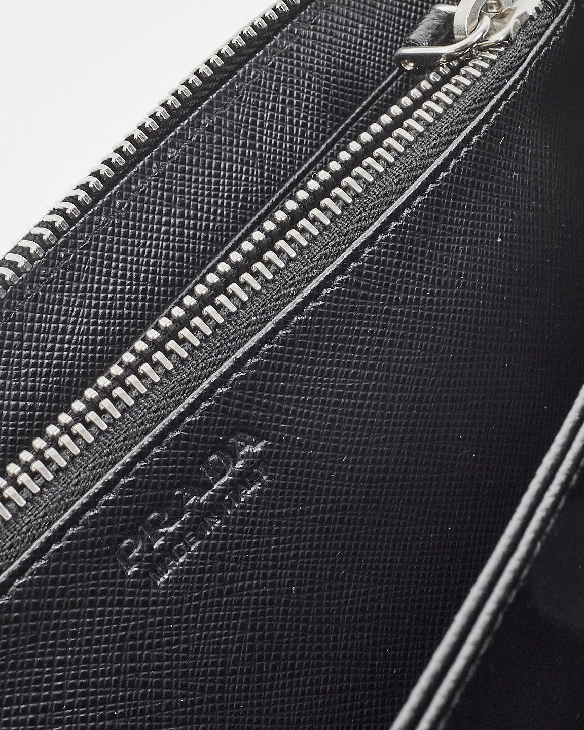 Prada Black & Blue Saffiano Leather Logo Patch Long Zip Wallet