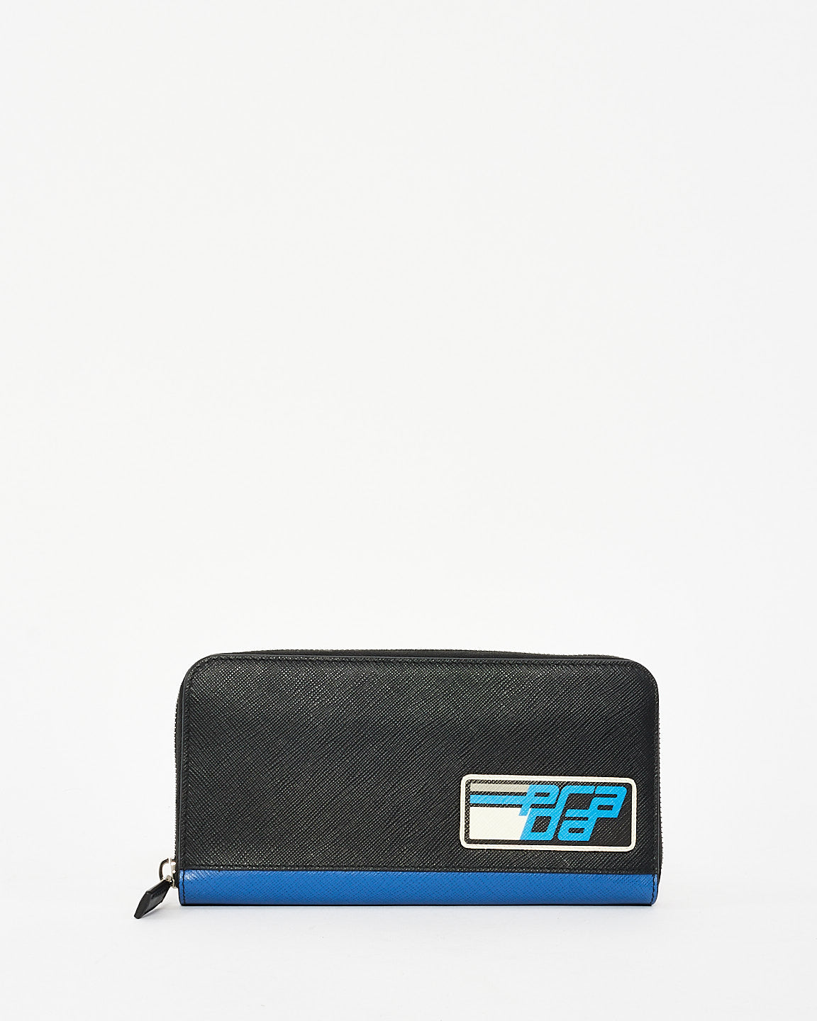 Prada Black & Blue Saffiano Leather Logo Patch Long Zip Wallet