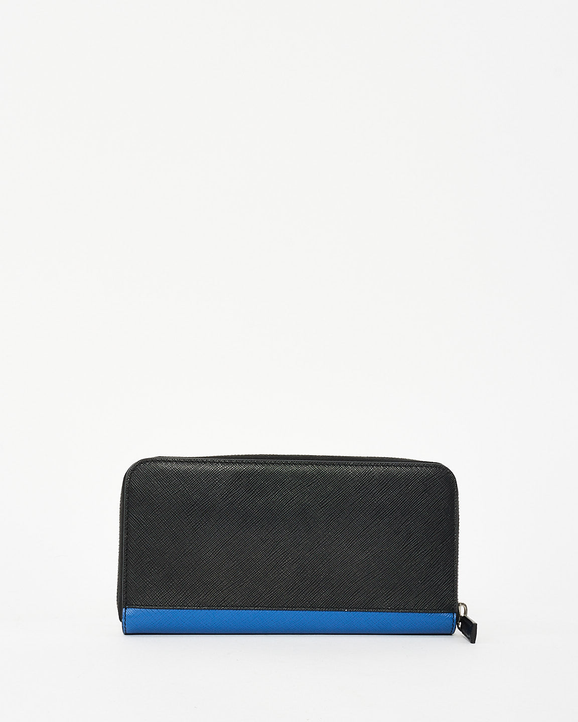 Prada Black & Blue Saffiano Leather Logo Patch Long Zip Wallet