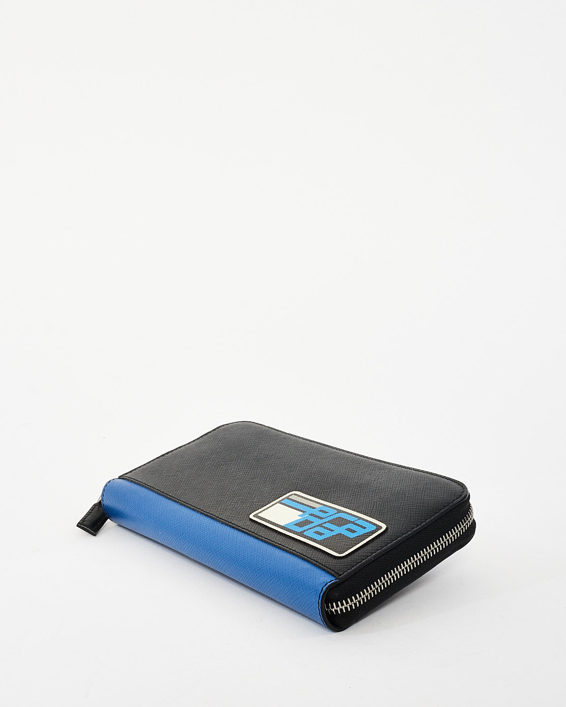 Prada Black & Blue Saffiano Leather Logo Patch Long Zip Wallet