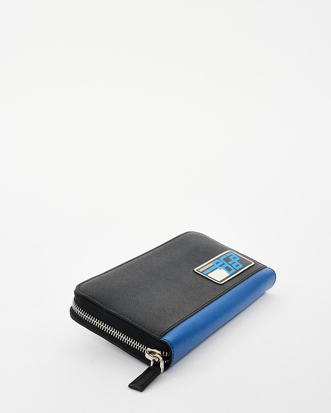 Prada Black & Blue Saffiano Leather Logo Patch Long Zip Wallet