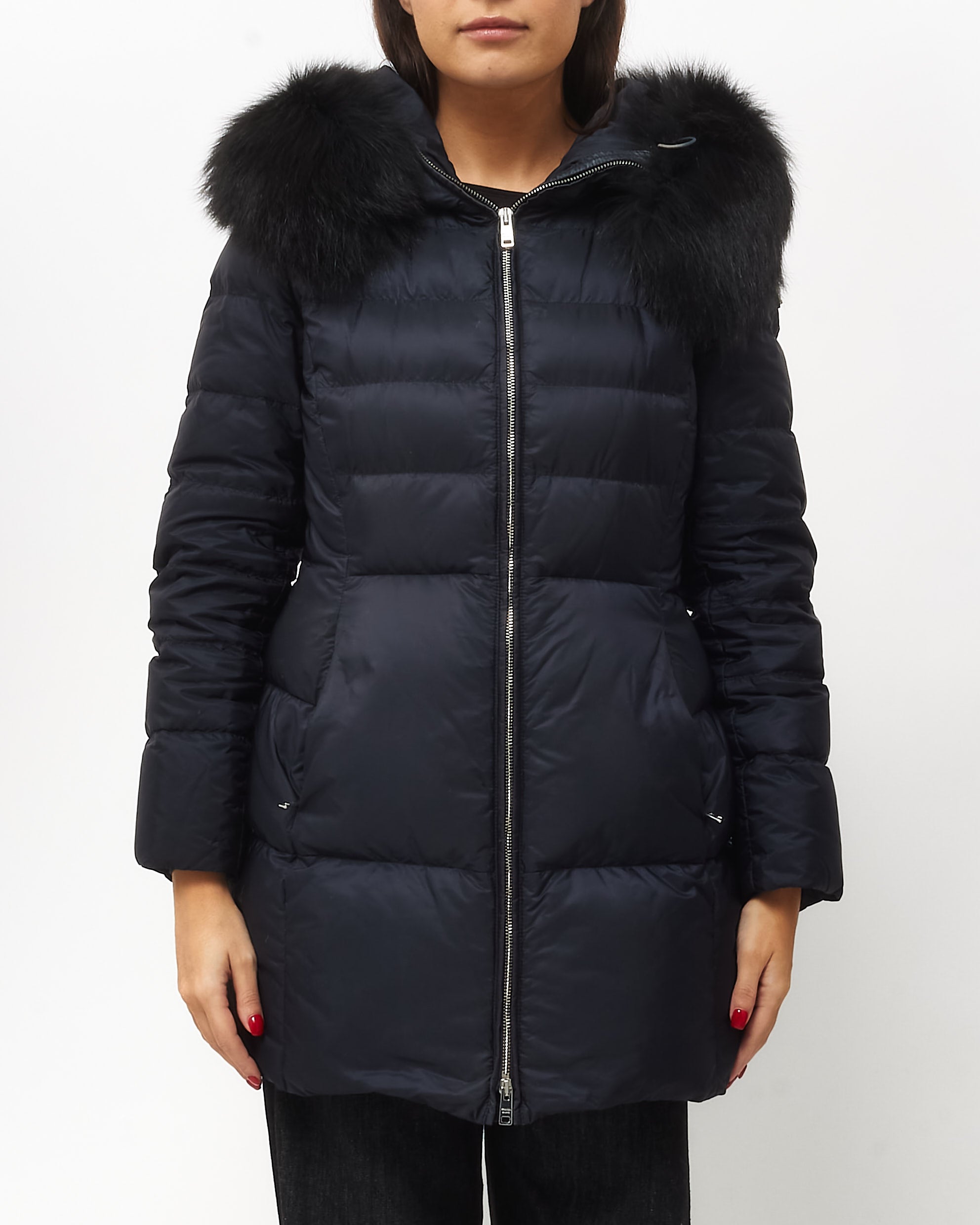 Buy Prada Navy with Black Fox Fur Trim Puffer Jacket - 44