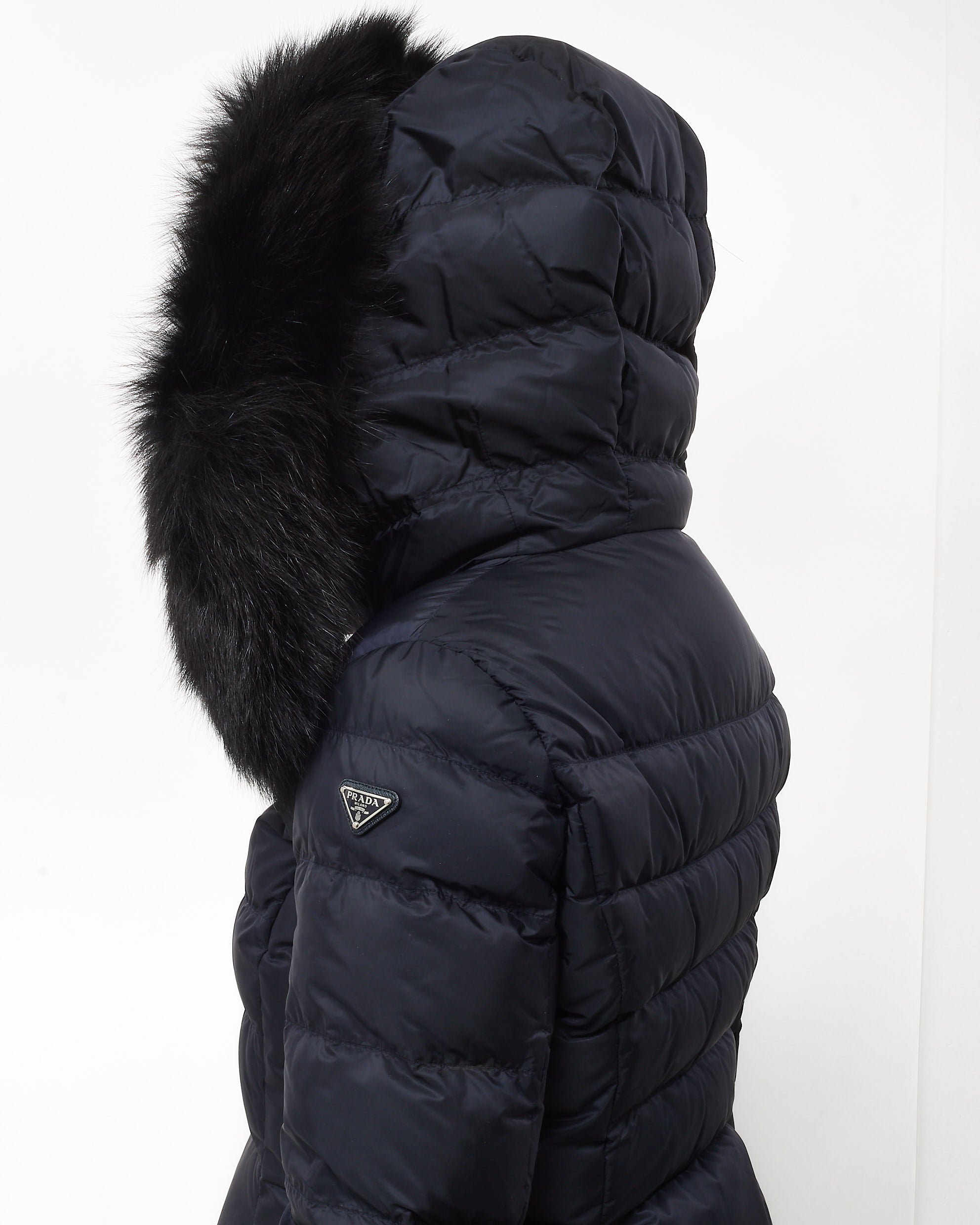 Buy Prada Navy with Black Fox Fur Trim Puffer Jacket - 44