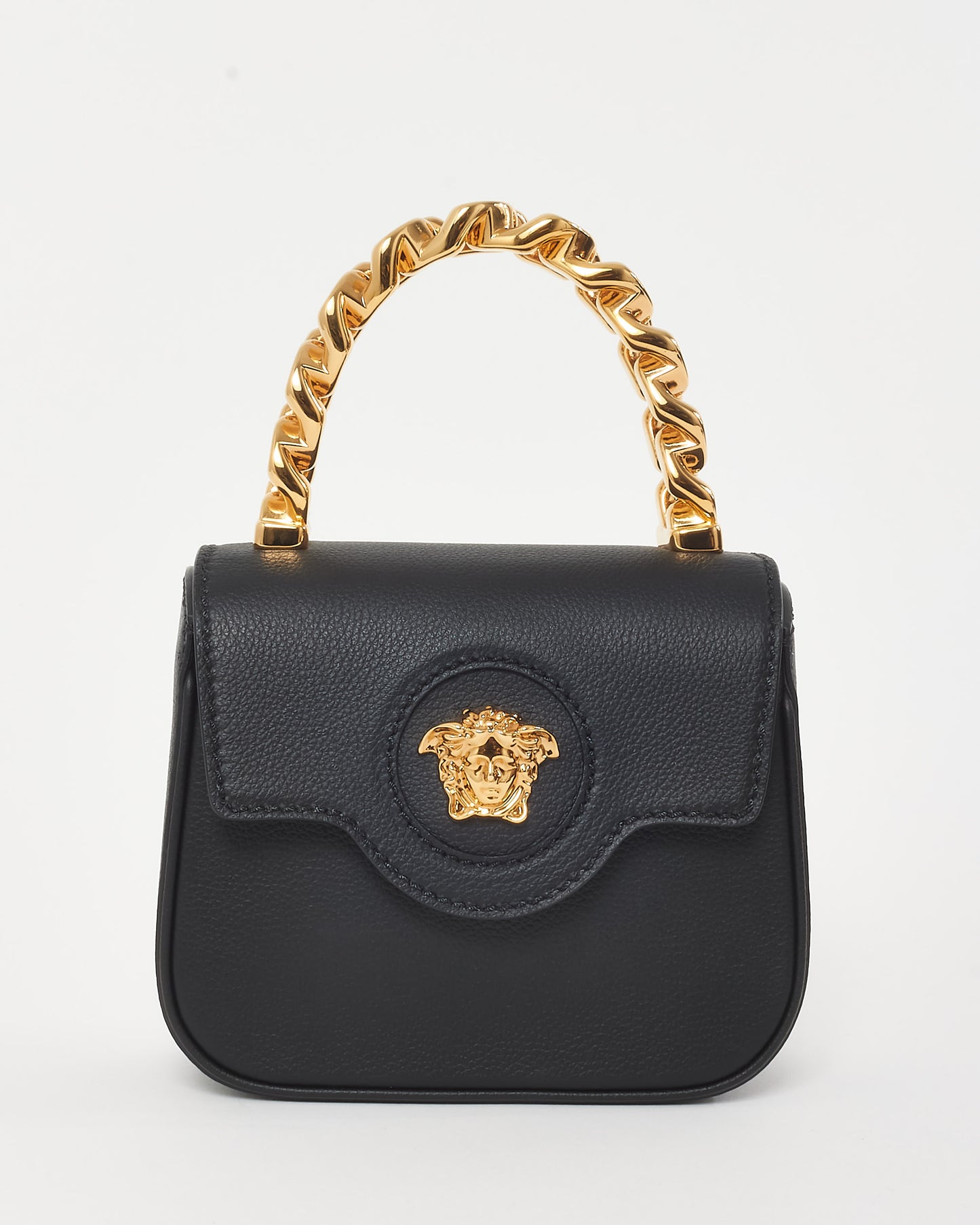 Versace Black Grained Leather Medusa Head Mini Top Handle Bag