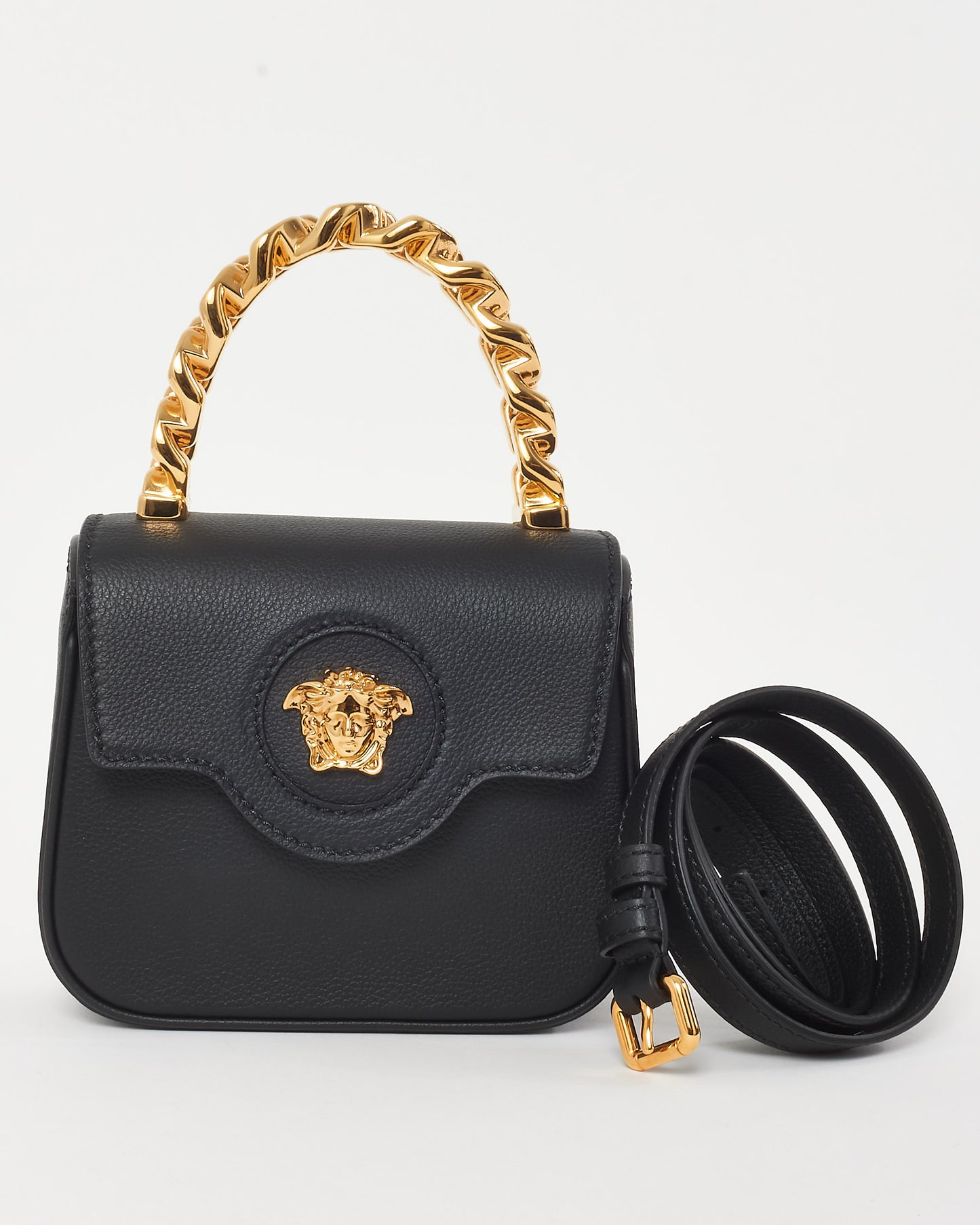 Versace Black Grained Leather Medusa Head Mini Top Handle Bag