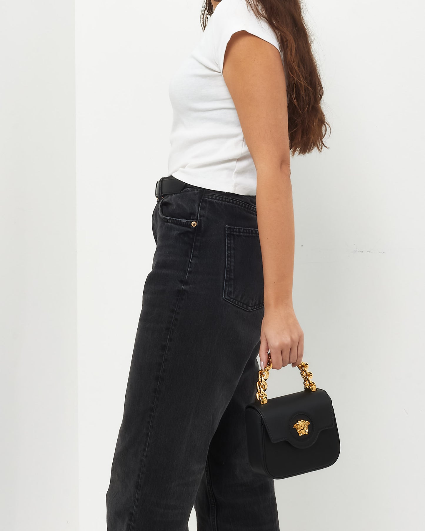 Versace Black Grained Leather Medusa Head Mini Top Handle Bag