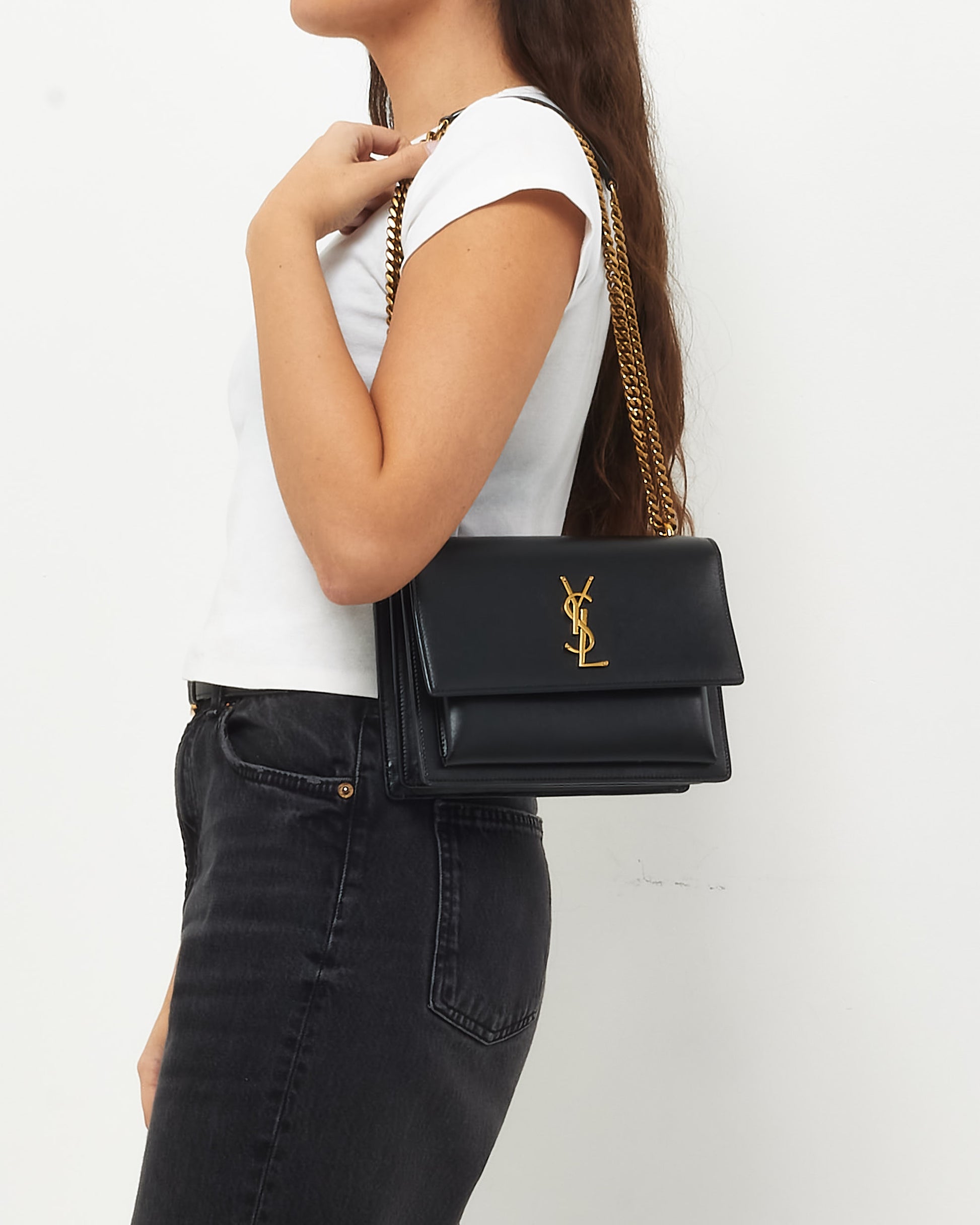 Buy Saint Laurent Black Smooth Leather YSL Medium Sunset Bag
