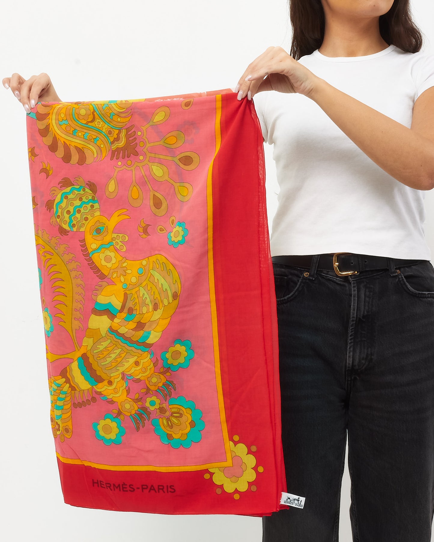 Hermès Pink/Red/Multi Paisley and Boat Cotton Mousseline Shawl Scarf