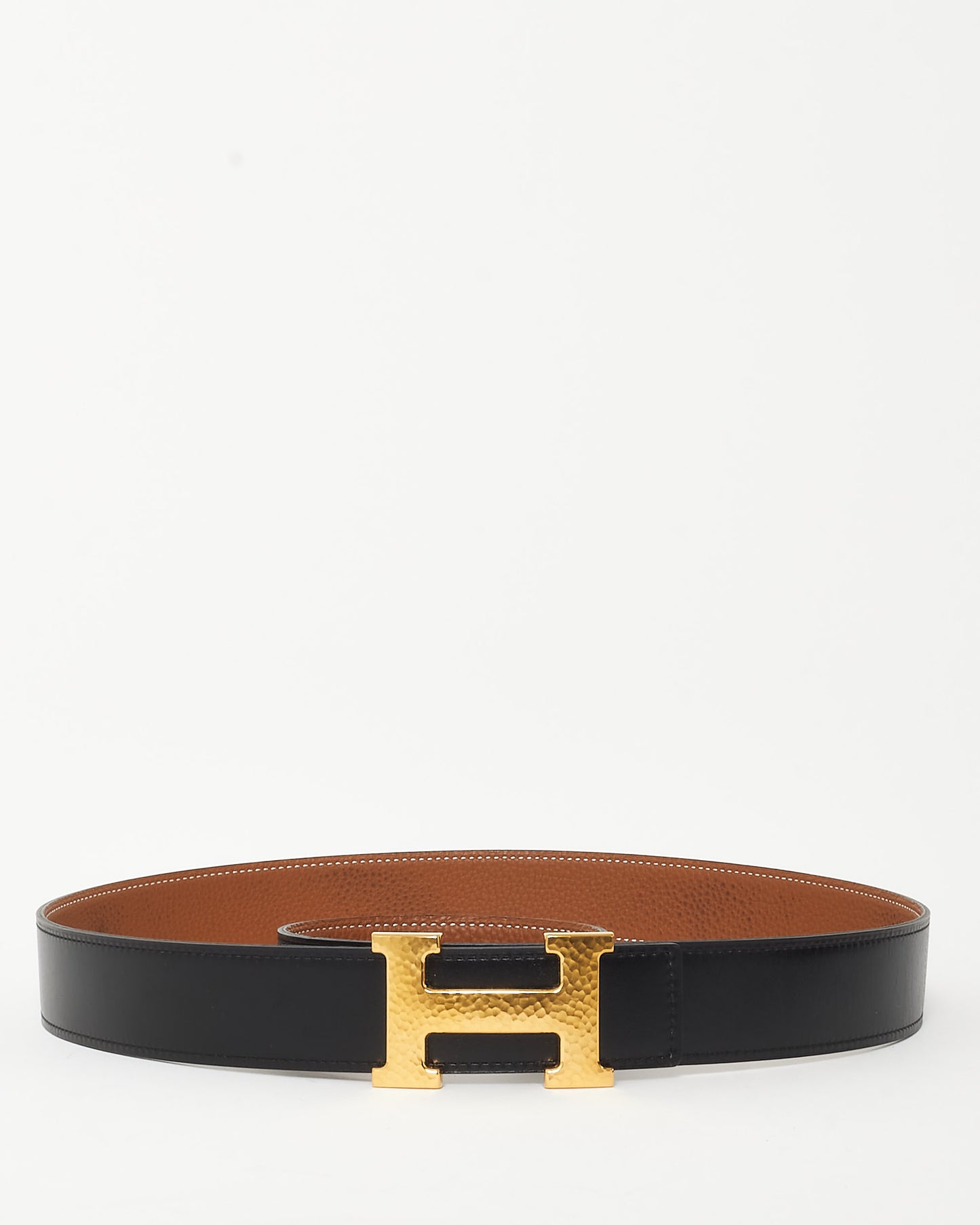 Hermès Black Swift & Tan Togo Leather Reversible Gold H Martelee 32mm Belt - 95
