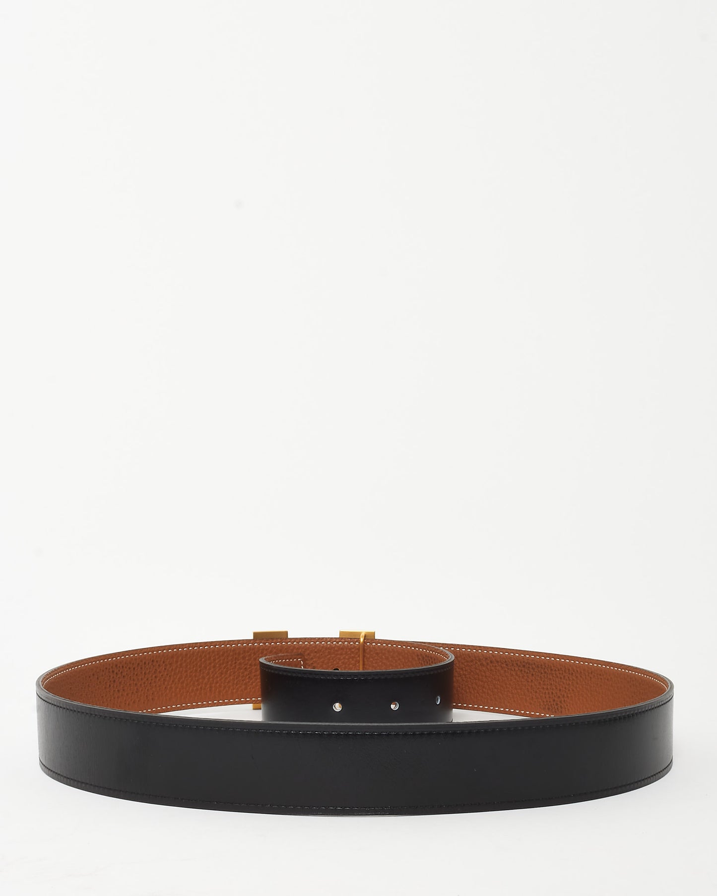 Hermès Black Swift & Tan Togo Leather Reversible Gold H Martelee 32mm Belt - 95