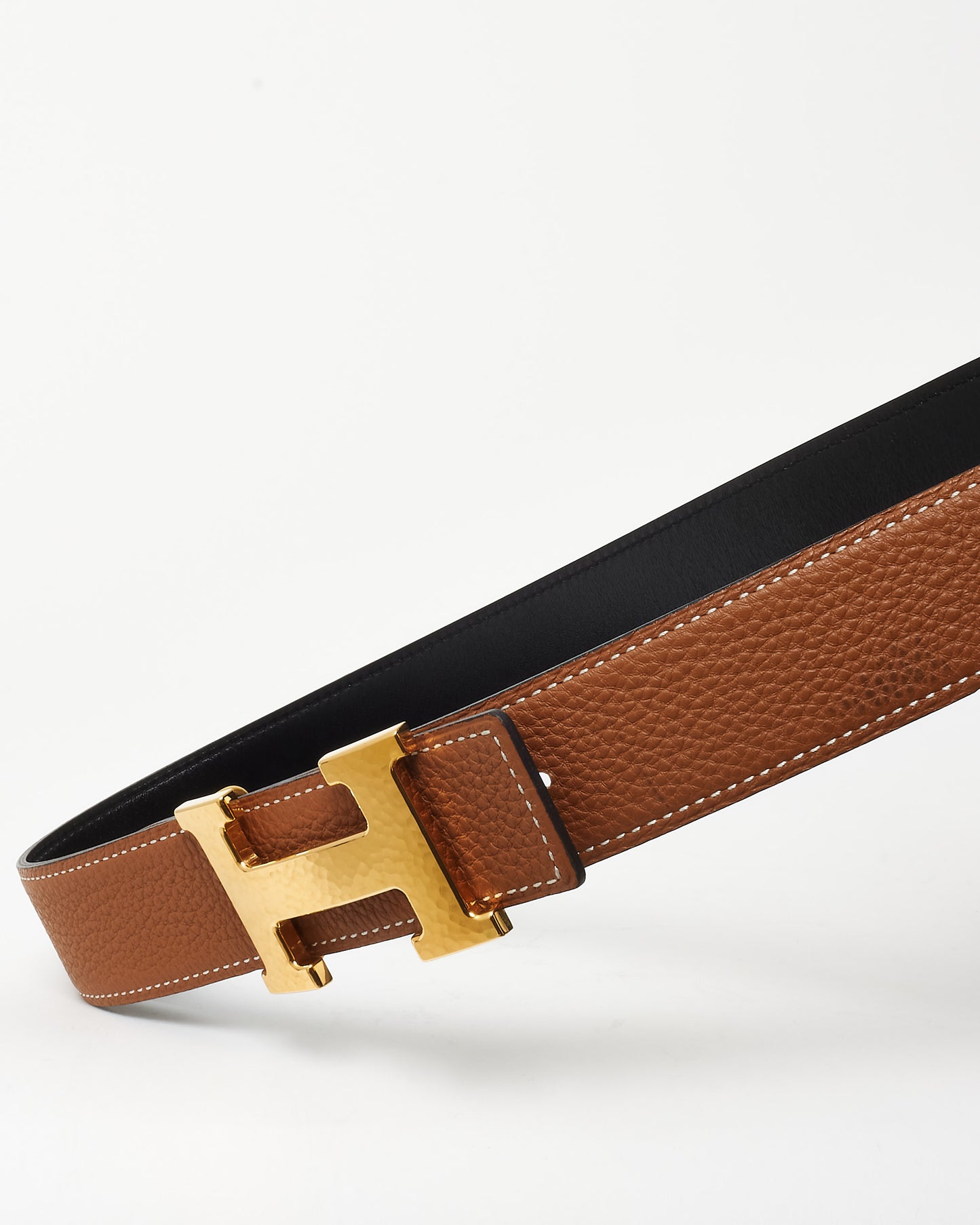 Hermès Black Swift & Tan Togo Leather Reversible Gold H Martelee 32mm Belt - 95