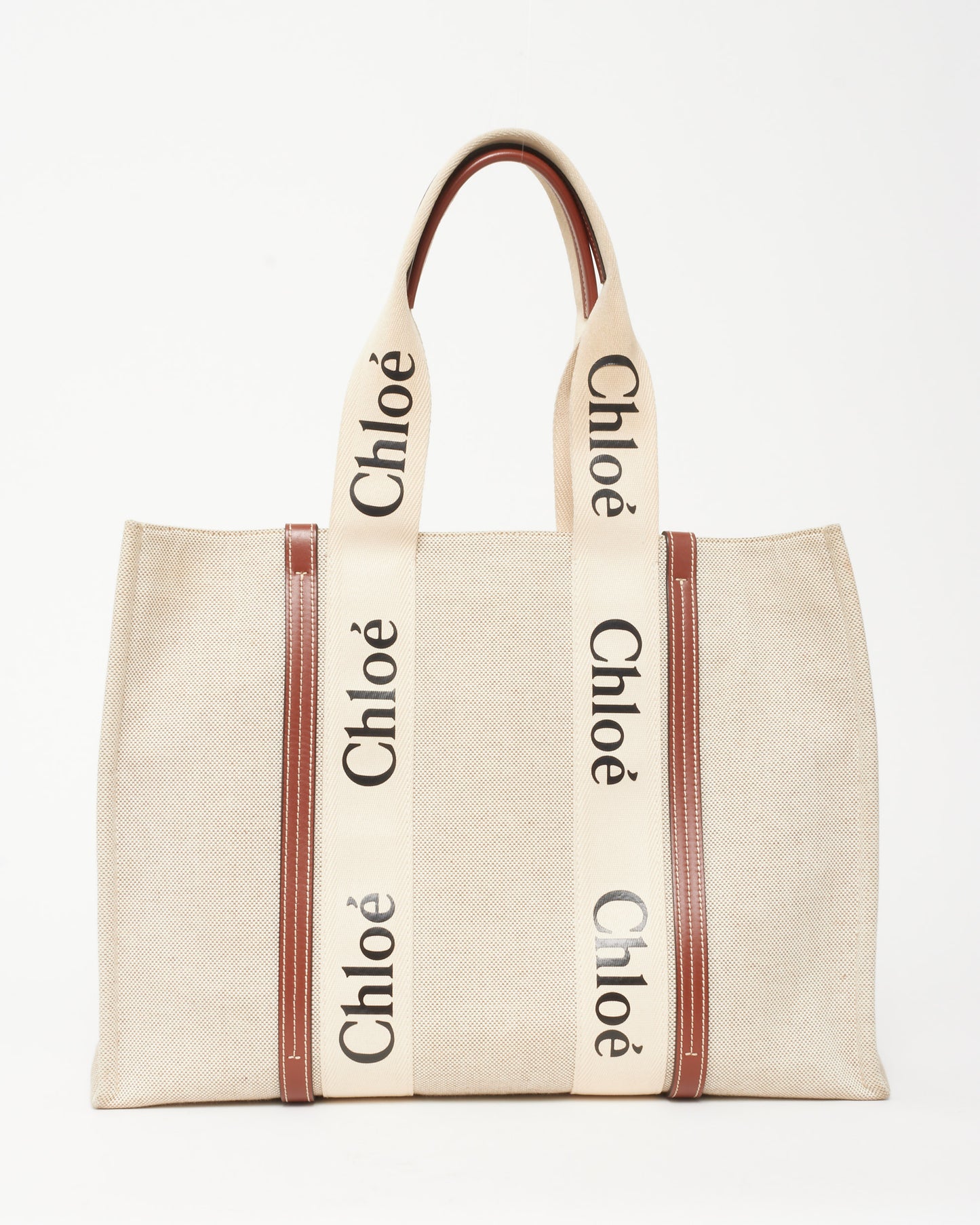 Chloé Beige Canvas & Brown Leather Trim Large Woody Tote Bag