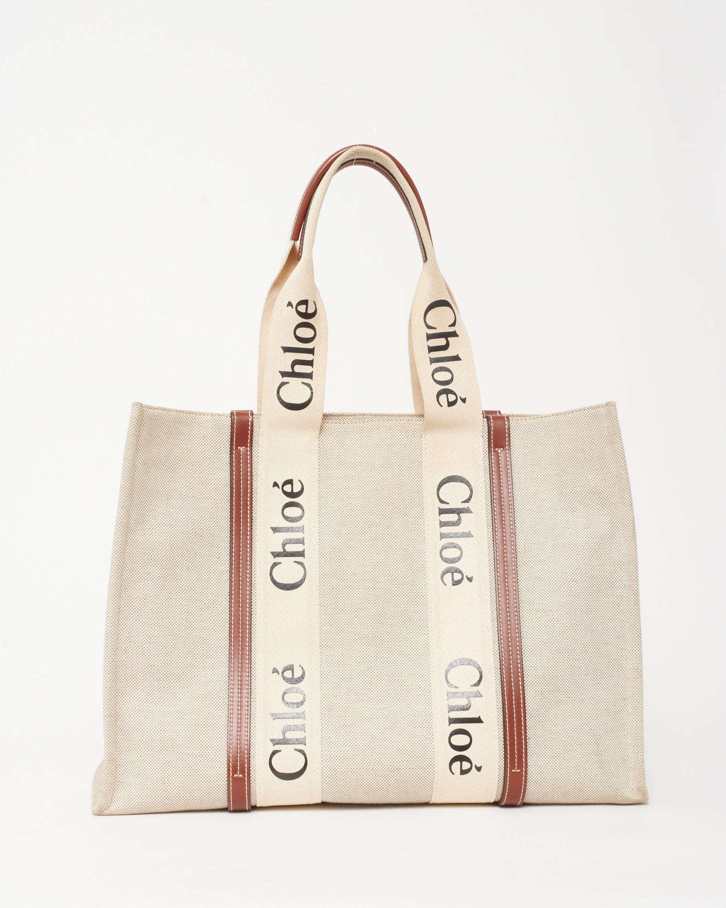 Chloé Beige Canvas & Brown Leather Trim Large Woody Tote Bag