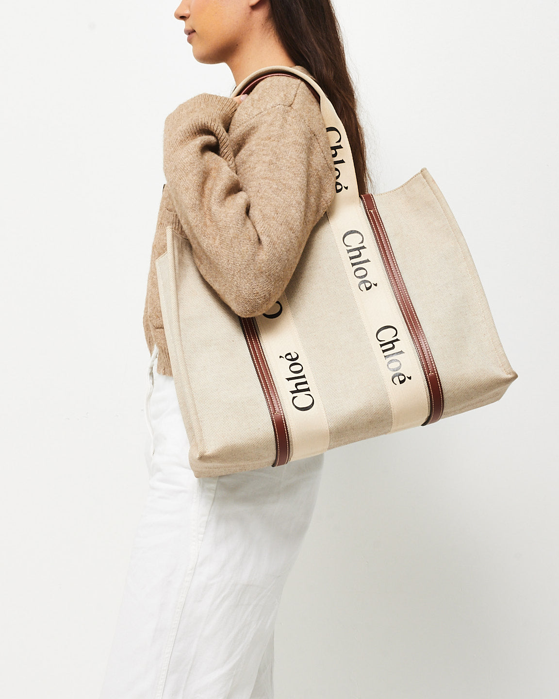Chloé Beige Canvas & Brown Leather Trim Large Woody Tote Bag