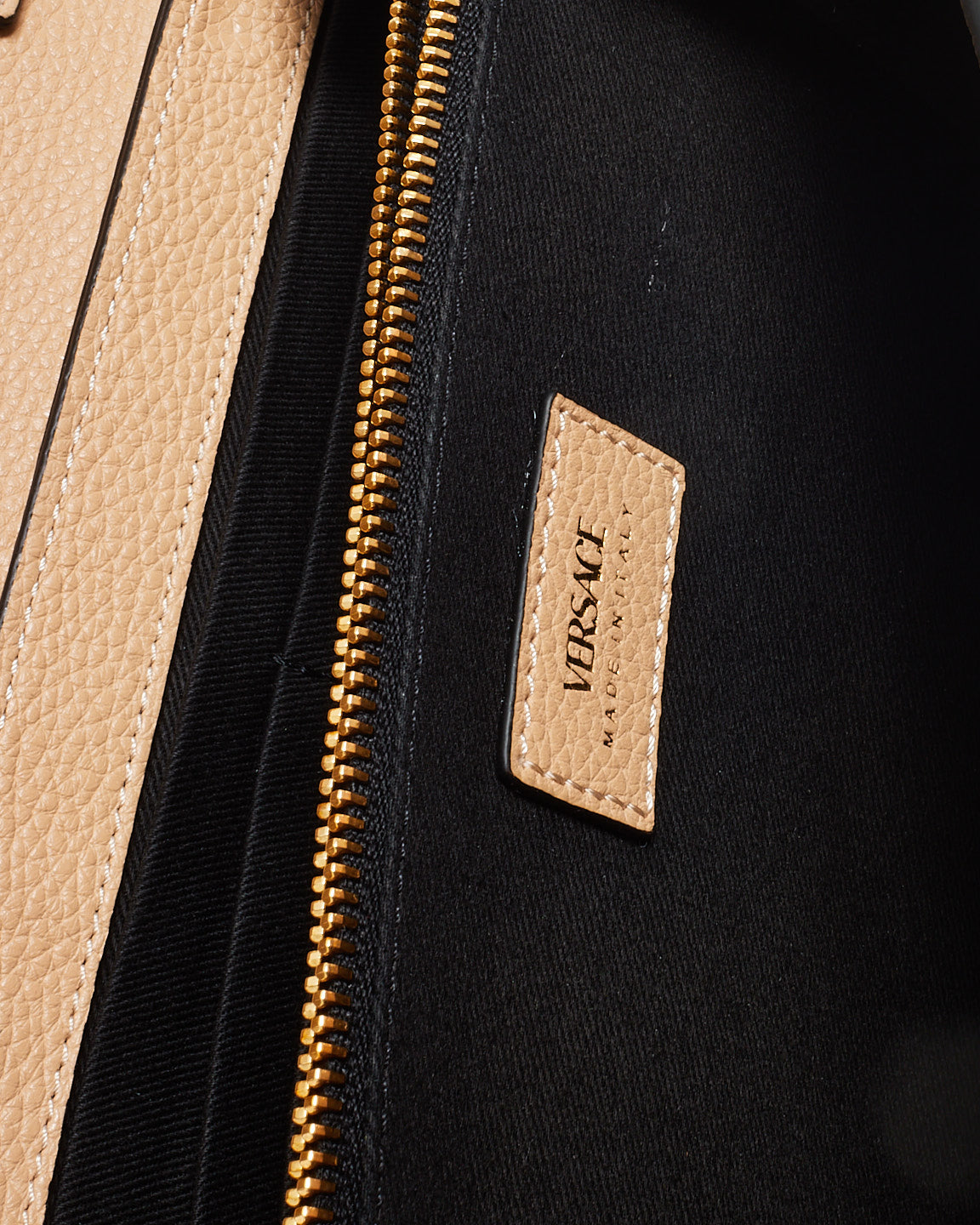 Versace Beige Grained Leather Virtus Logo Wallet on Chain WOC Bag