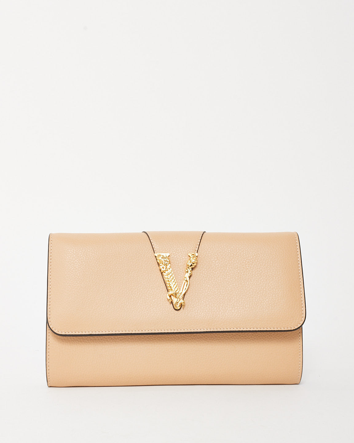 Versace Beige Grained Leather Virtus Logo Wallet on Chain WOC Bag