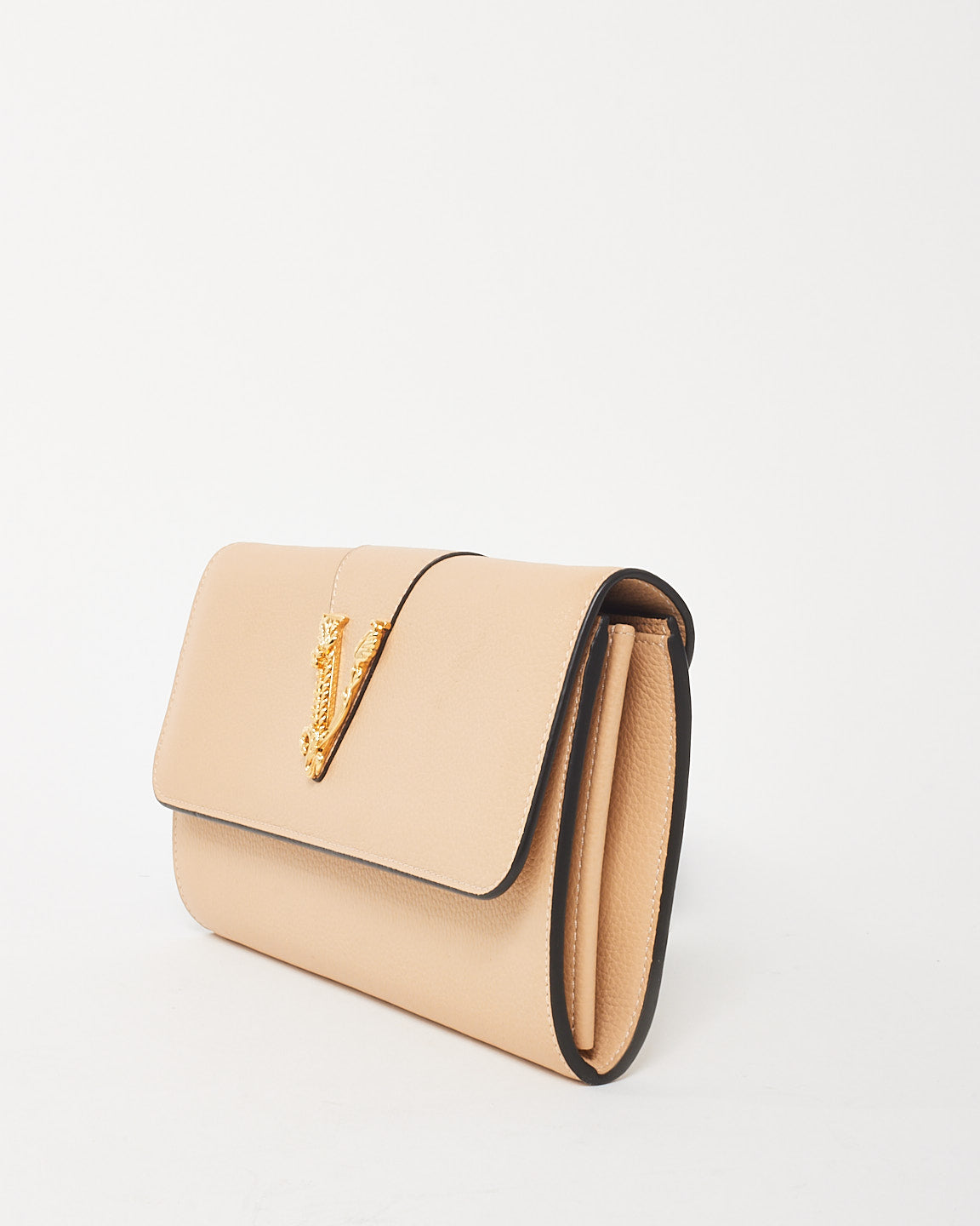 Versace Beige Grained Leather Virtus Logo Wallet on Chain WOC Bag