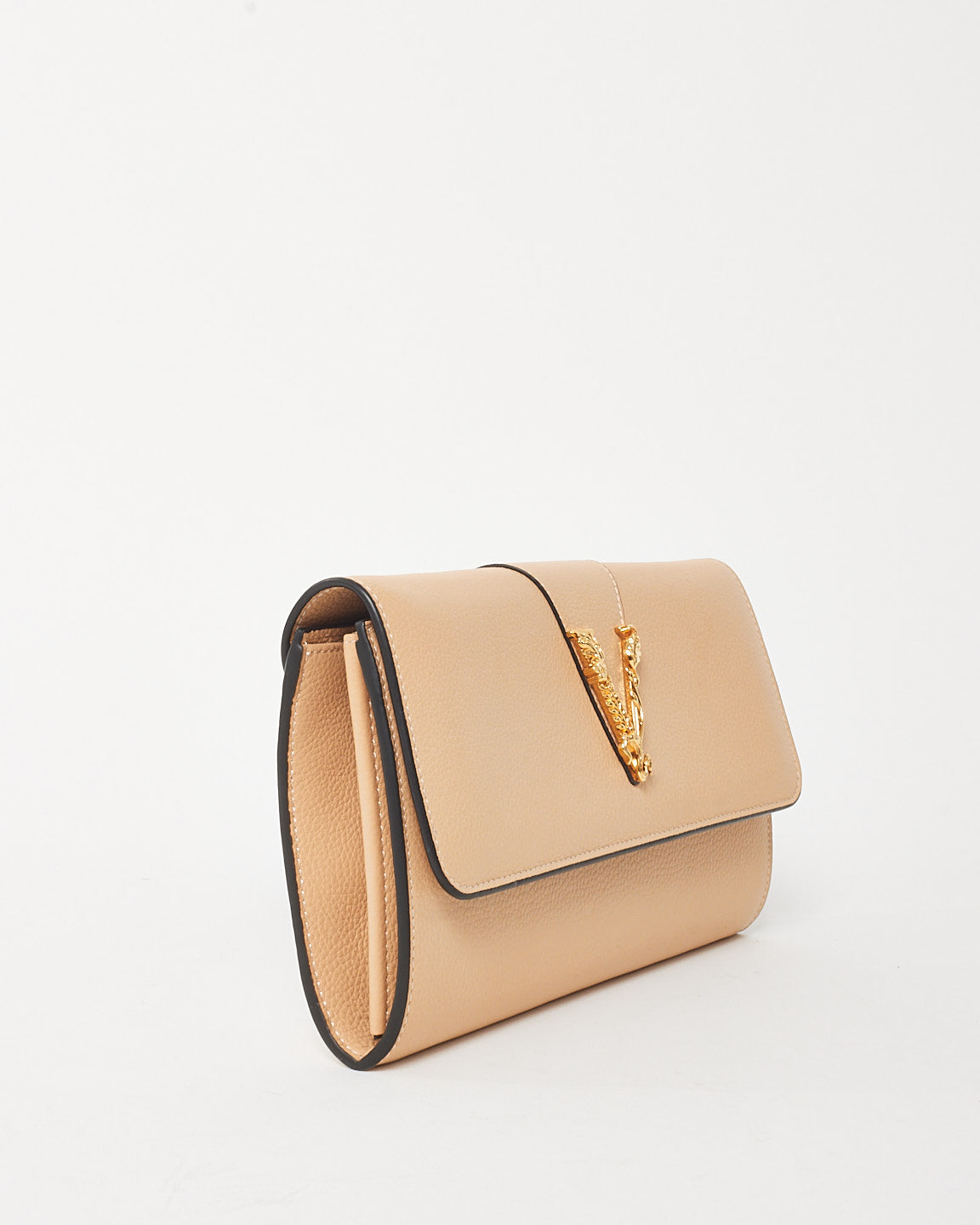 Versace Beige Grained Leather Virtus Logo Wallet on Chain WOC Bag