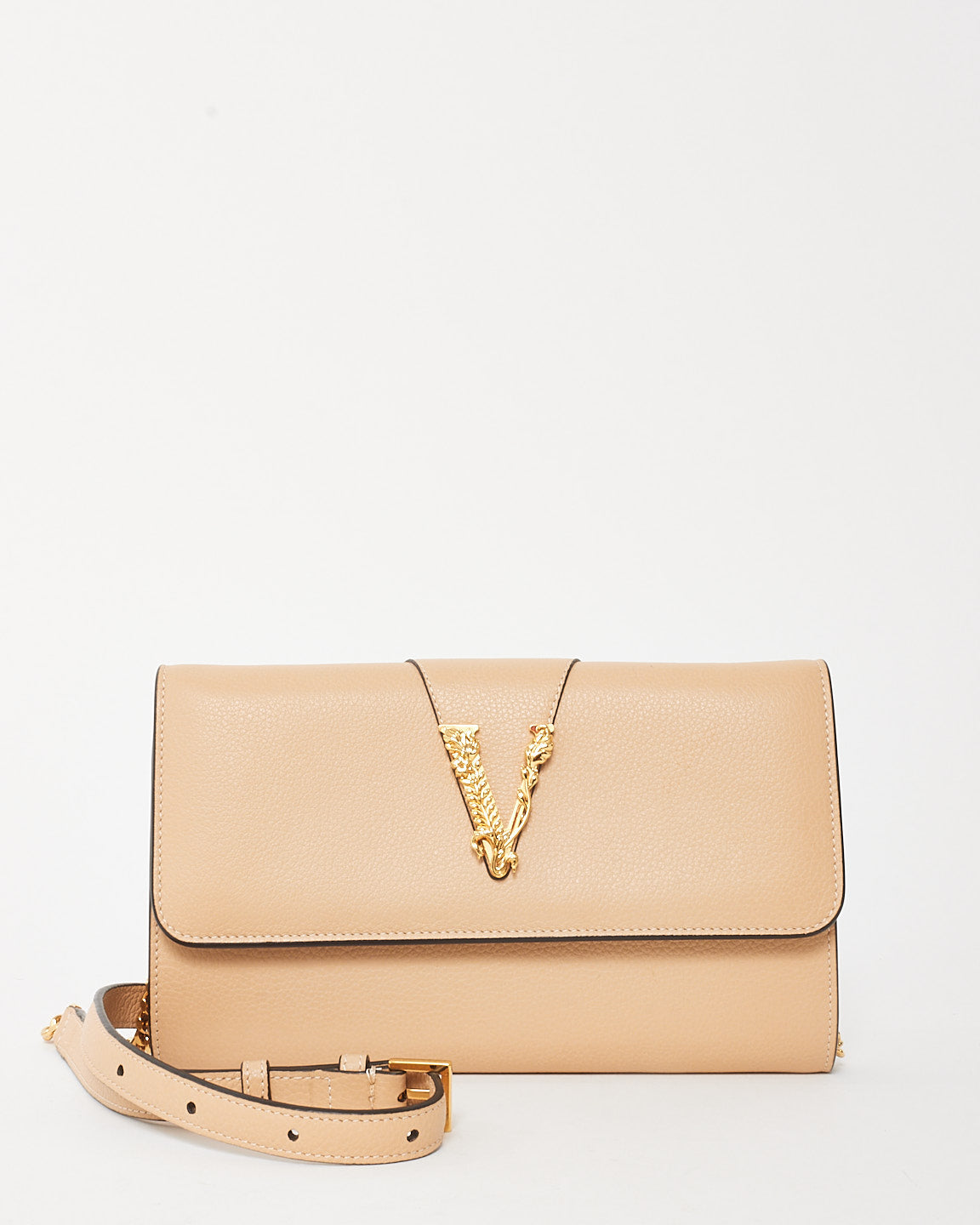 Versace Beige Grained Leather Virtus Logo Wallet on Chain WOC Bag