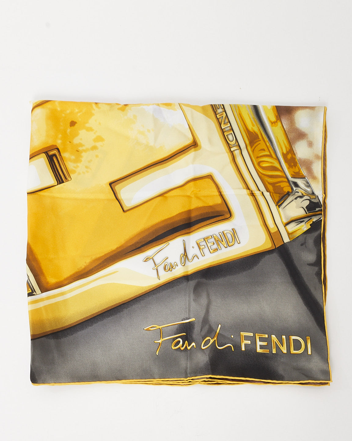 Fendi Brown/Gold/Multi Perfume Fan di Fendi Motif Logo Silk Scarf