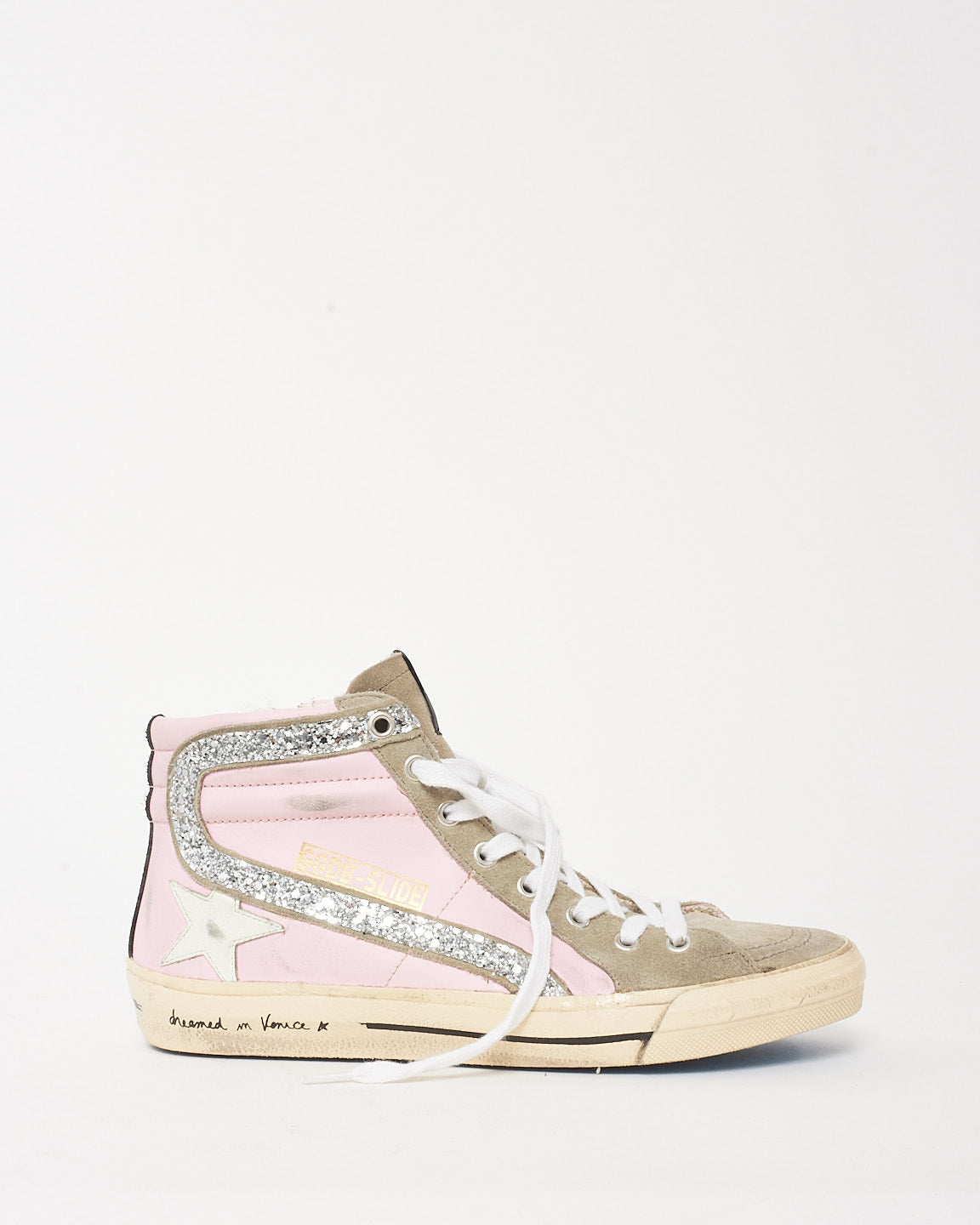 Golden Goose Pink Suede/Beige/Silver Sparkle High-Top Star Sneakers - 38