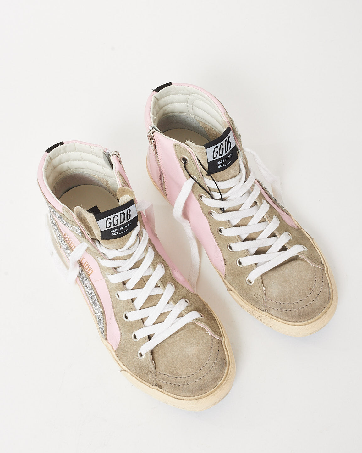 Golden Goose Pink Suede/Beige/Silver Sparkle High-Top Star Sneakers - 38