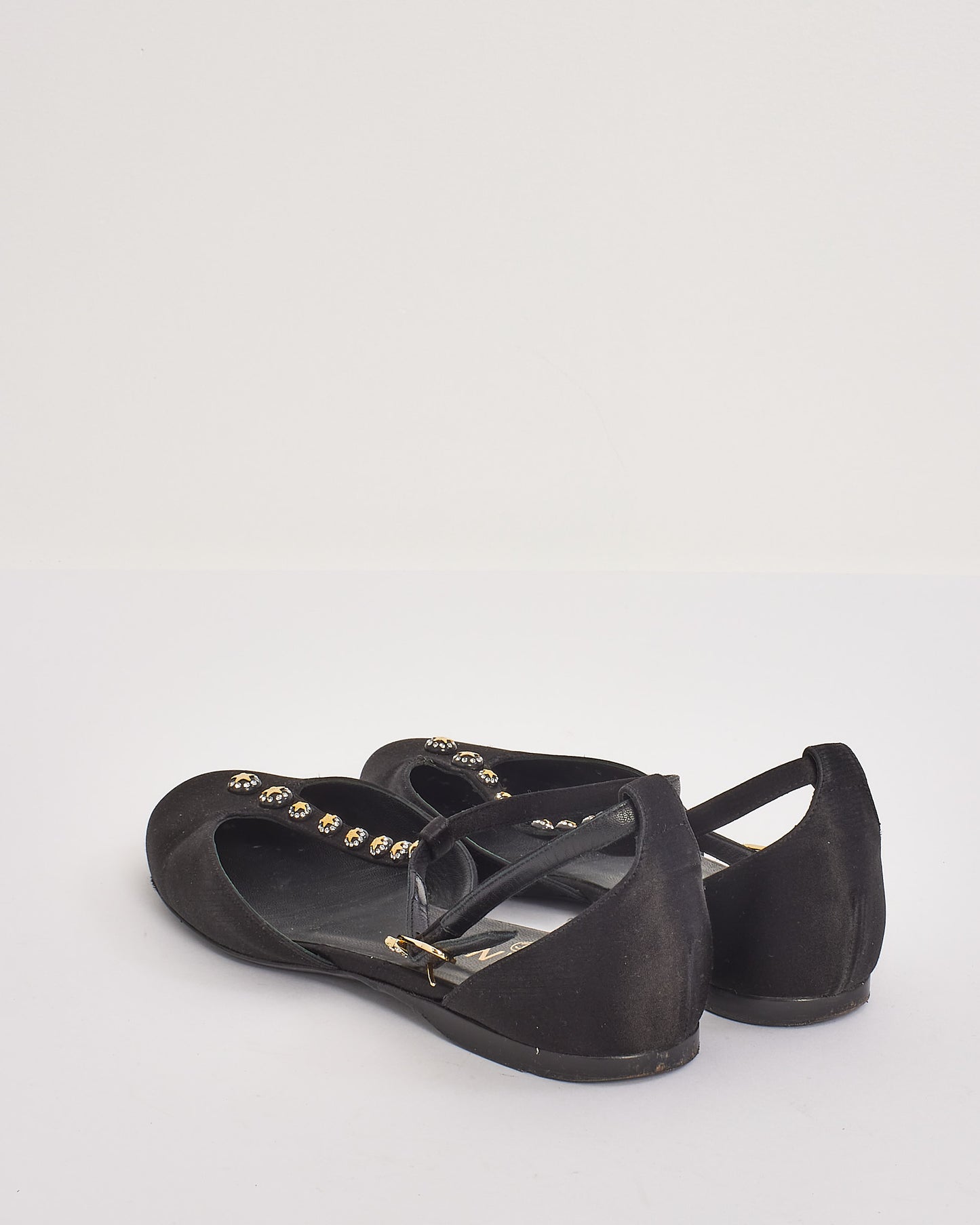 Chanel Black Satin Studded T-Strap Flats - 37