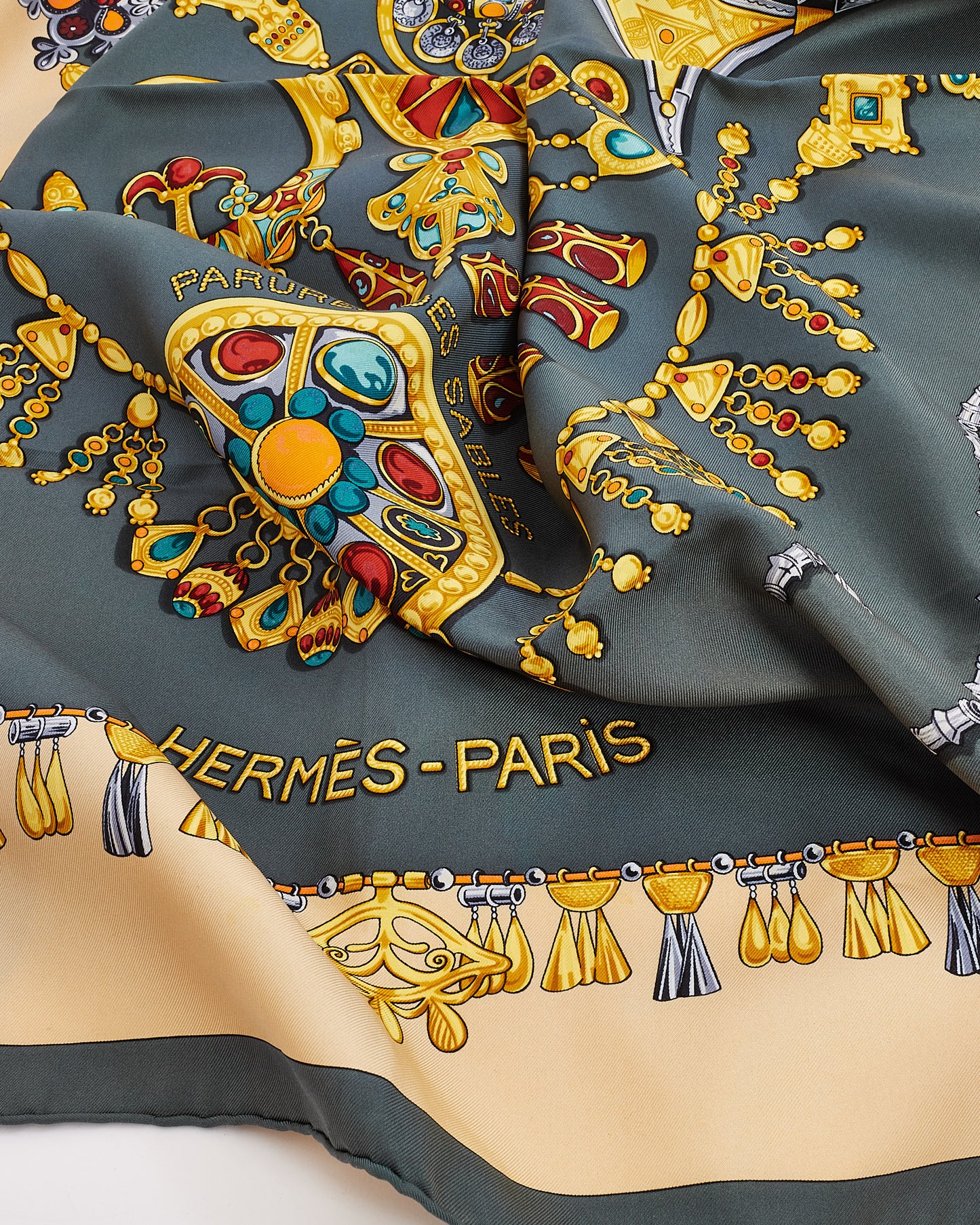 Hermès Green/Beige 'Farures Des Sables' Silk Scarf 90