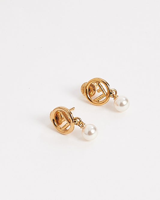 Fendi Gold Pearl 'F is Fendi' Drop Earrings
