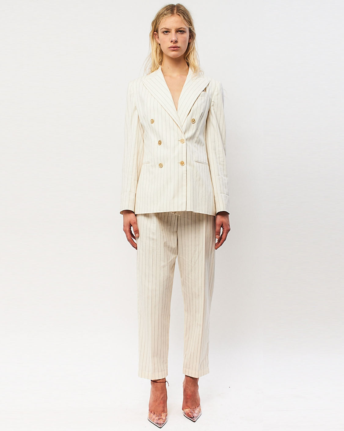 Brunello Cucinelli White Striped Cotton Suit with String Leather Belt -44