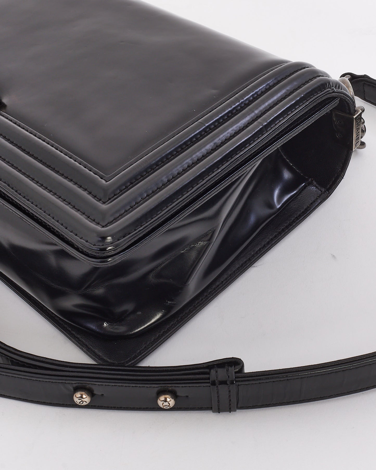 Chanel Black Smooth Glossy Leather Large Boy Bag