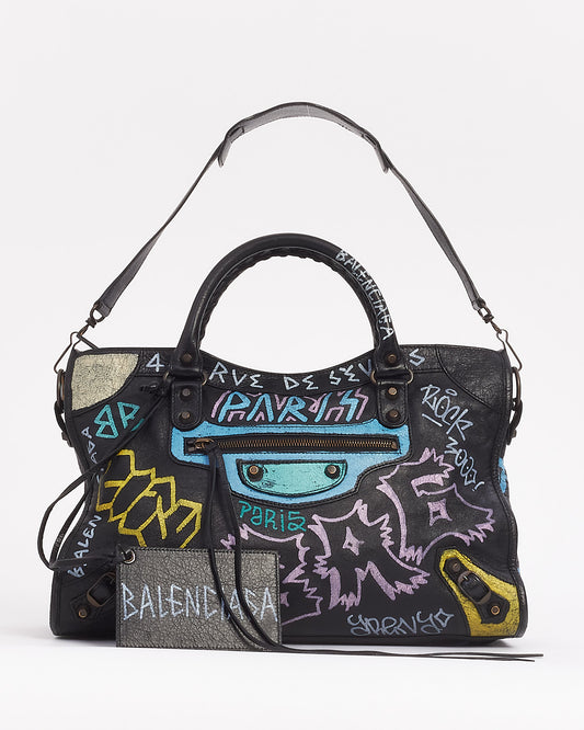 Balenciaga Black/Multi Leather Classic City Graffiti Bag
