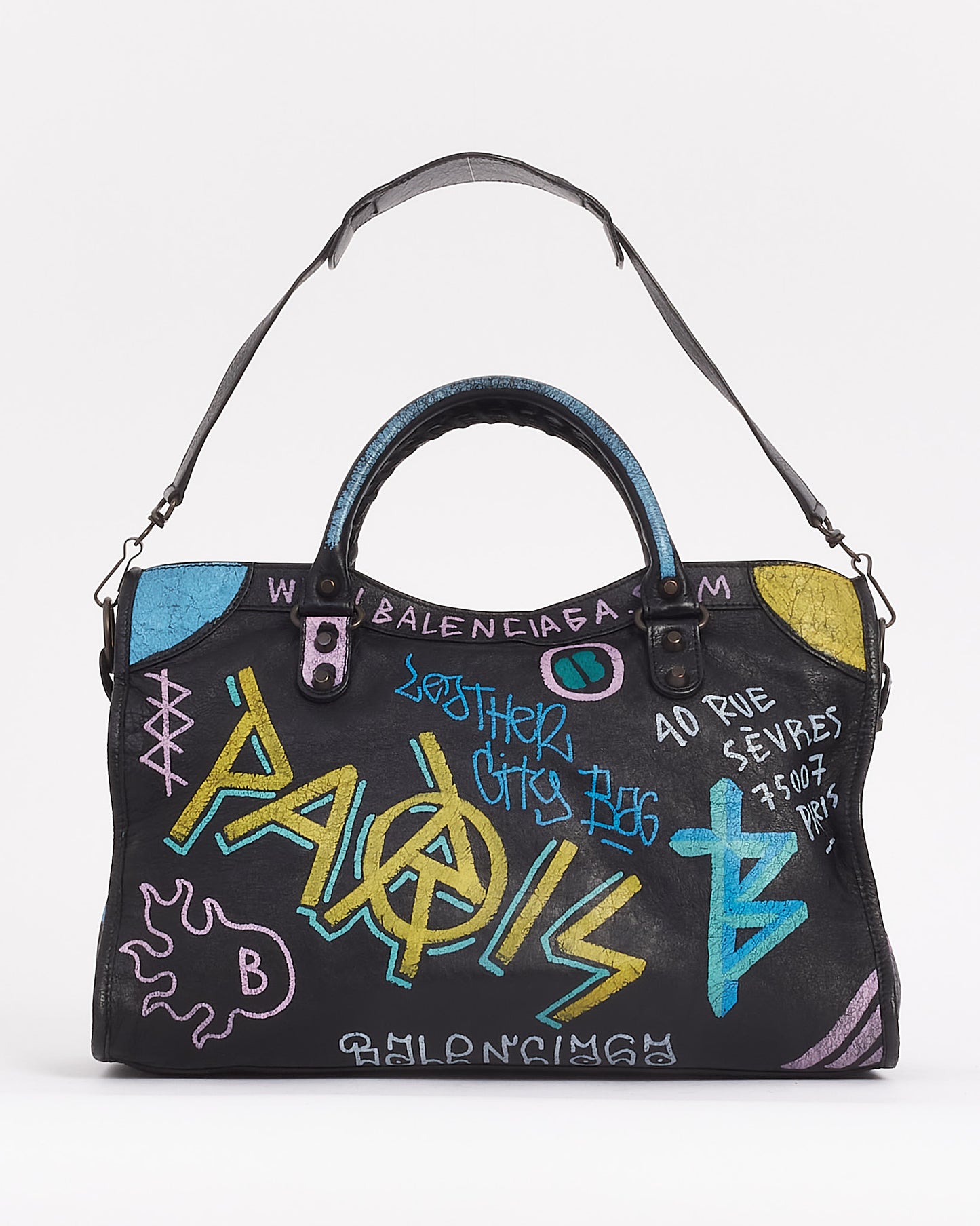Explore a Balenciaga Black/Multi Leather Classic City Graffiti Bag