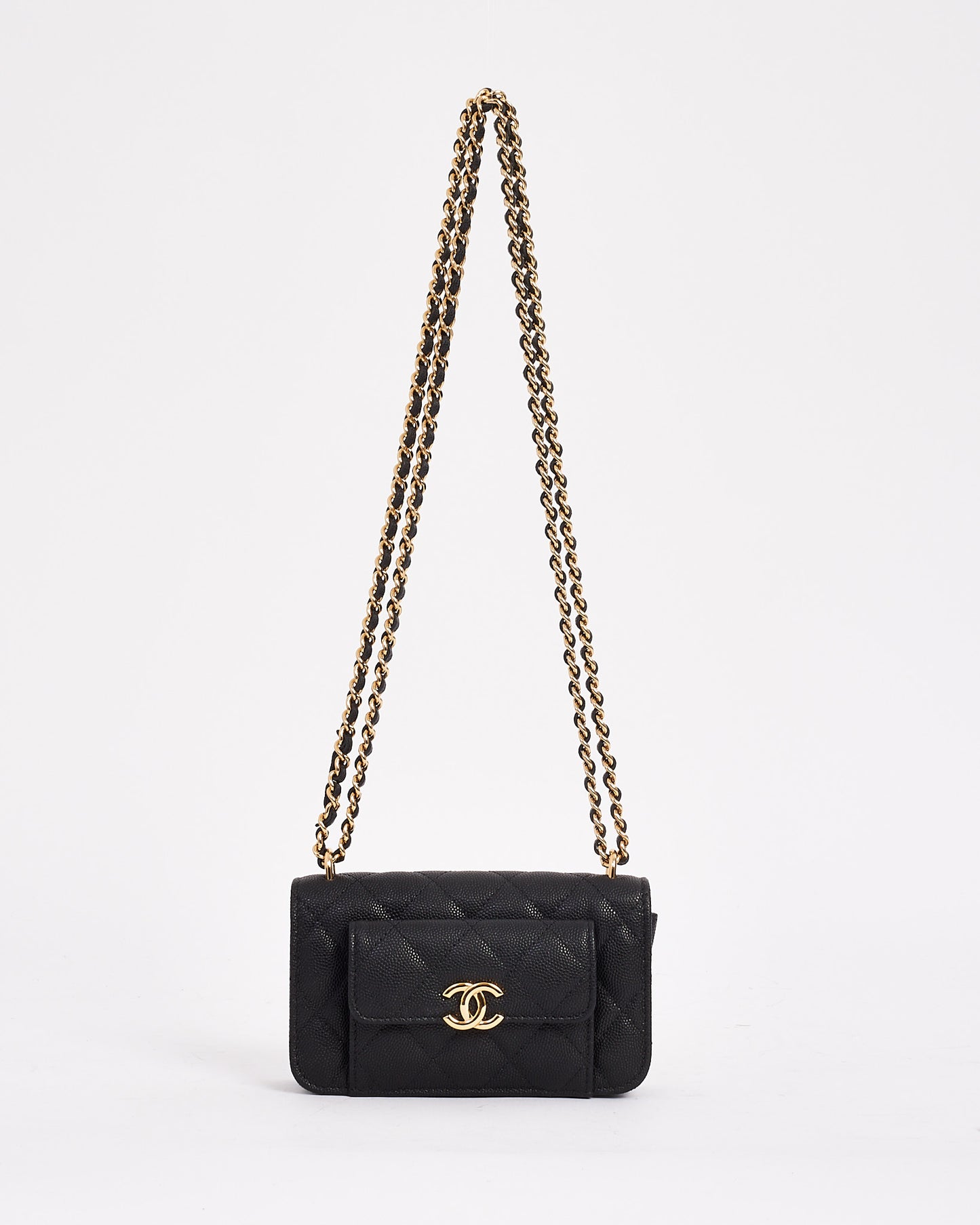 Chanel Black Caviar Leather Pocket Twin Clutch with Chain GHW