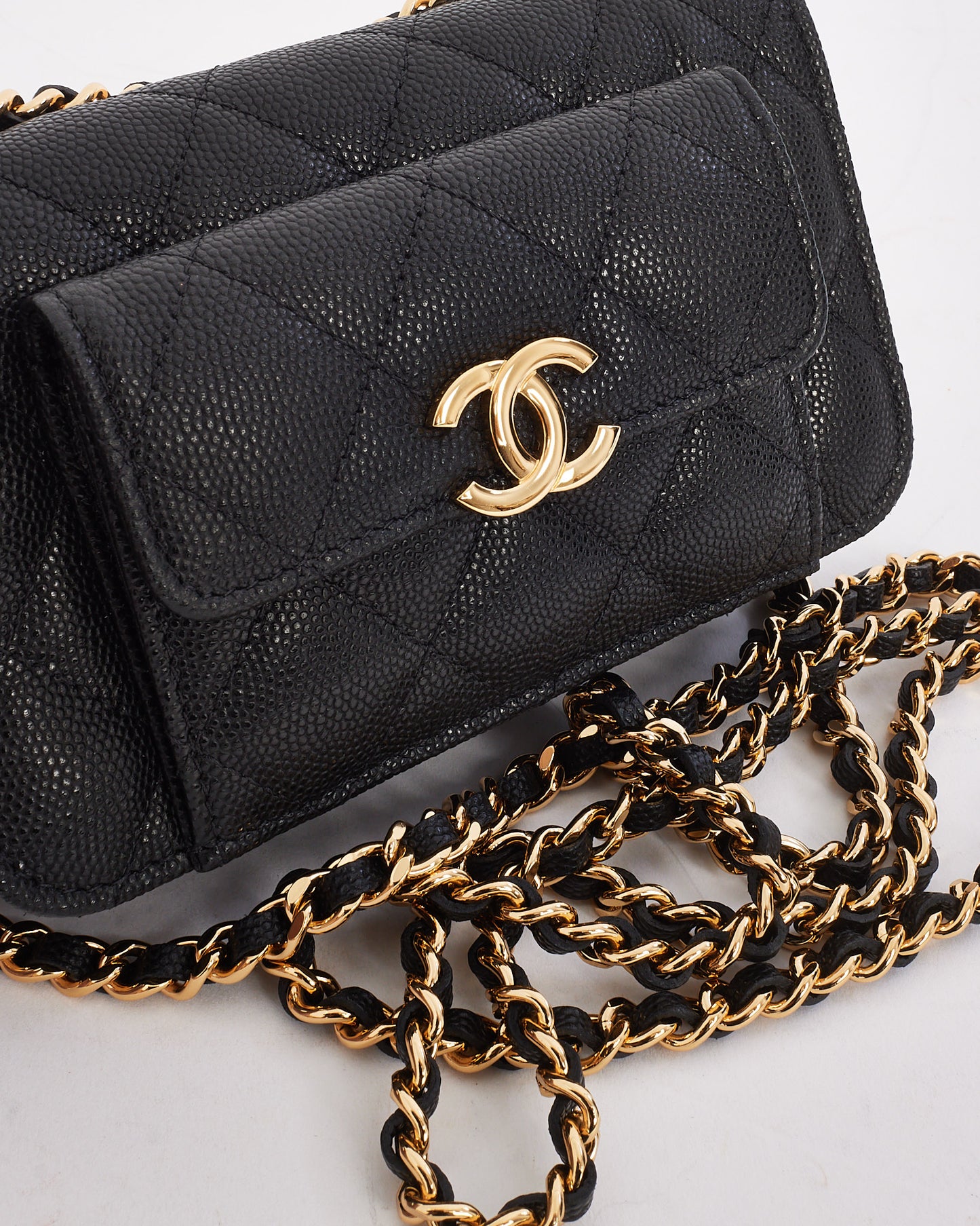 Chanel Black Caviar Leather Pocket Twin Clutch with Chain GHW