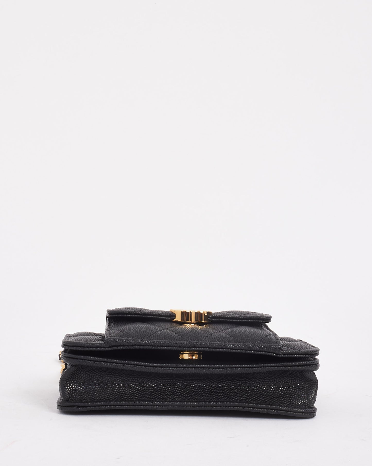 Pochette double poche en cuir caviar noir Chanel avec chaîne GHW