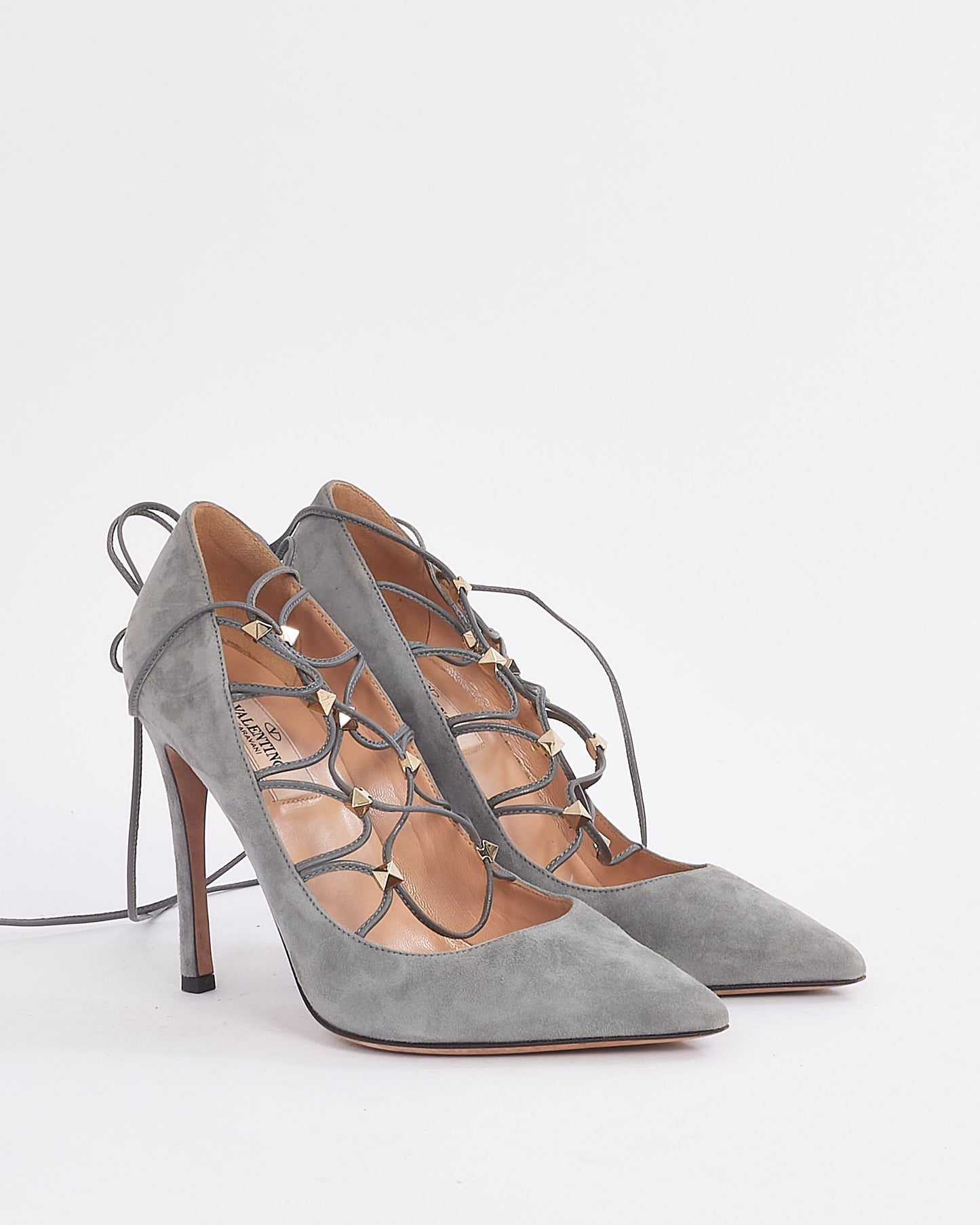 Valentino Grey Suede Rockstud Lace-Up Cage Pointed Toe Pumps - 37