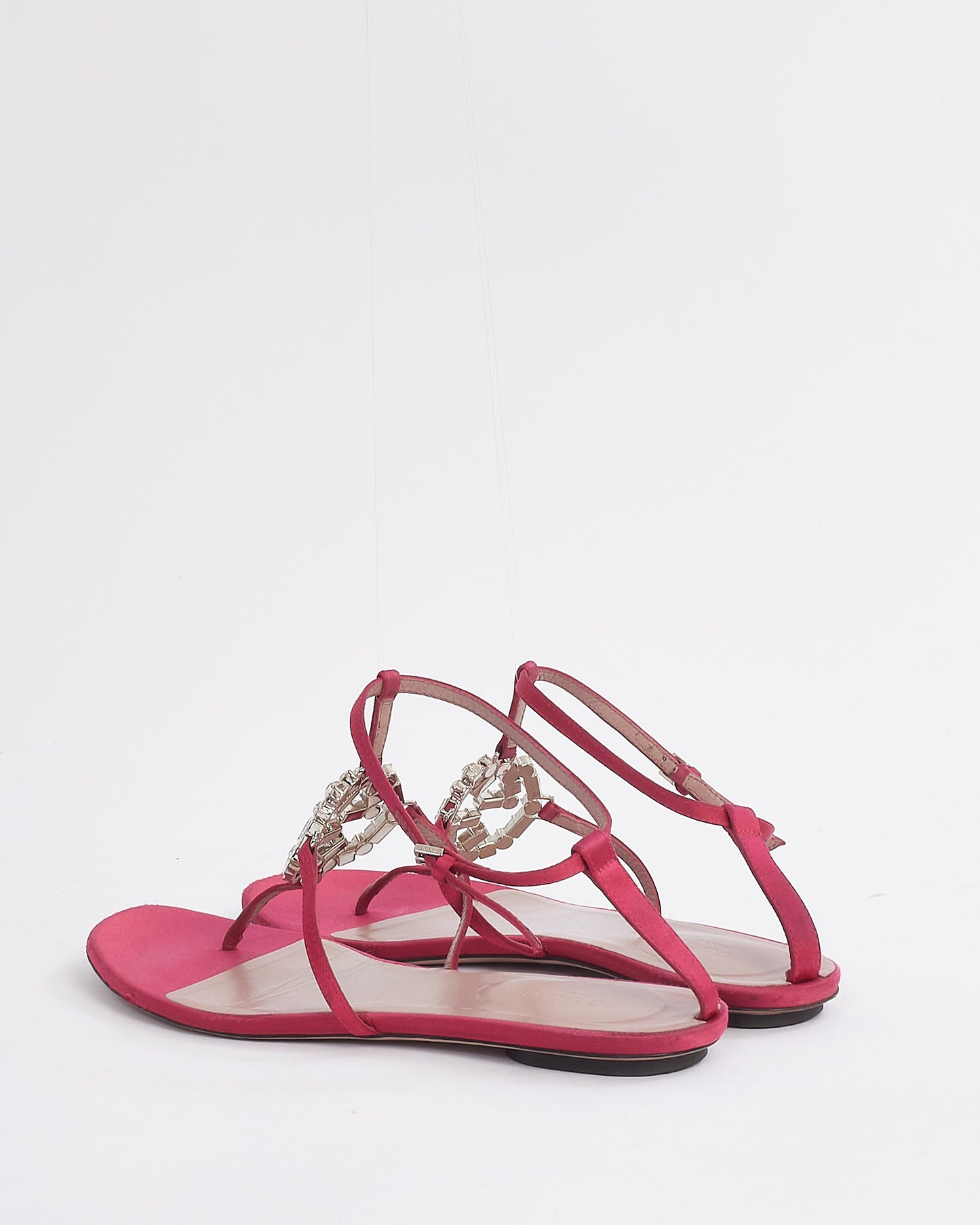 Gucci Fuchsia Satin GG Crystal Sandals - 37.5