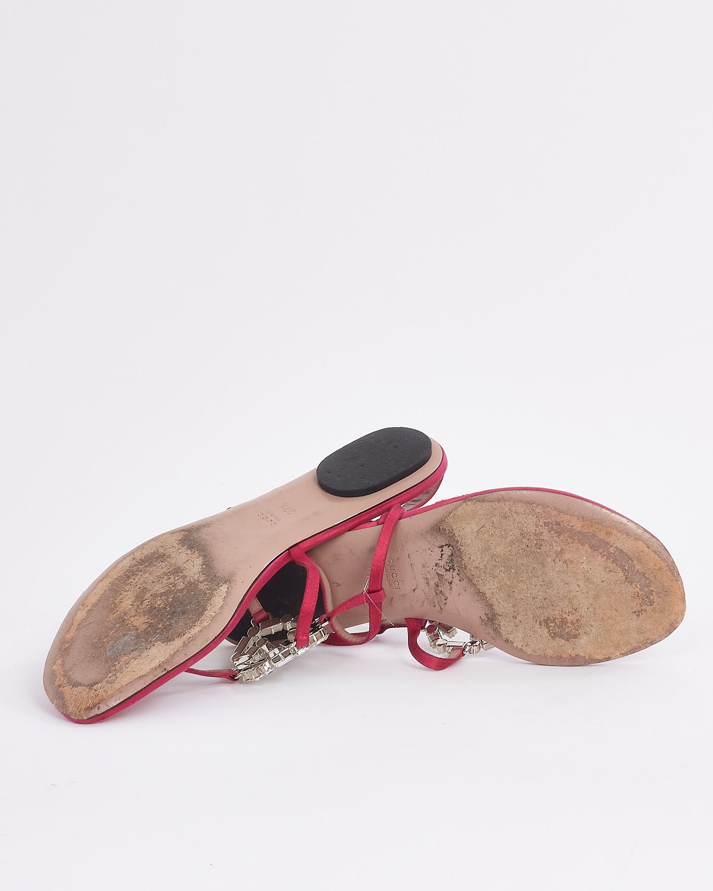 Gucci Fuchsia Satin GG Crystal Sandals - 37.5