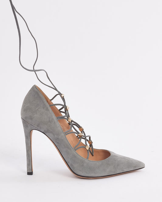 Valentino Grey Suede Rockstud Lace-Up Cage Pointed Toe Pumps - 37
