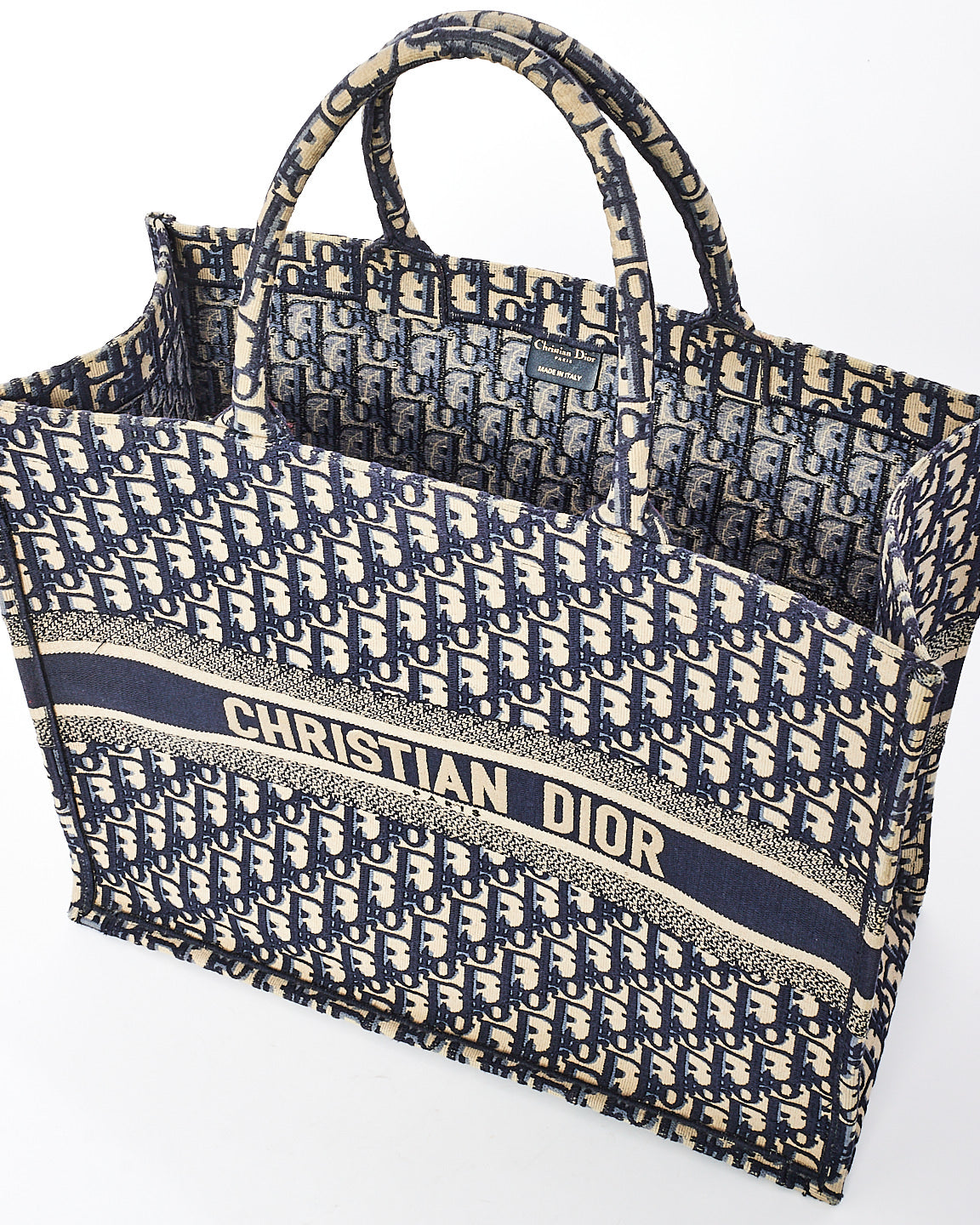 Grand sac fourre-tout à broderie en toile oblique bleu marine Dior