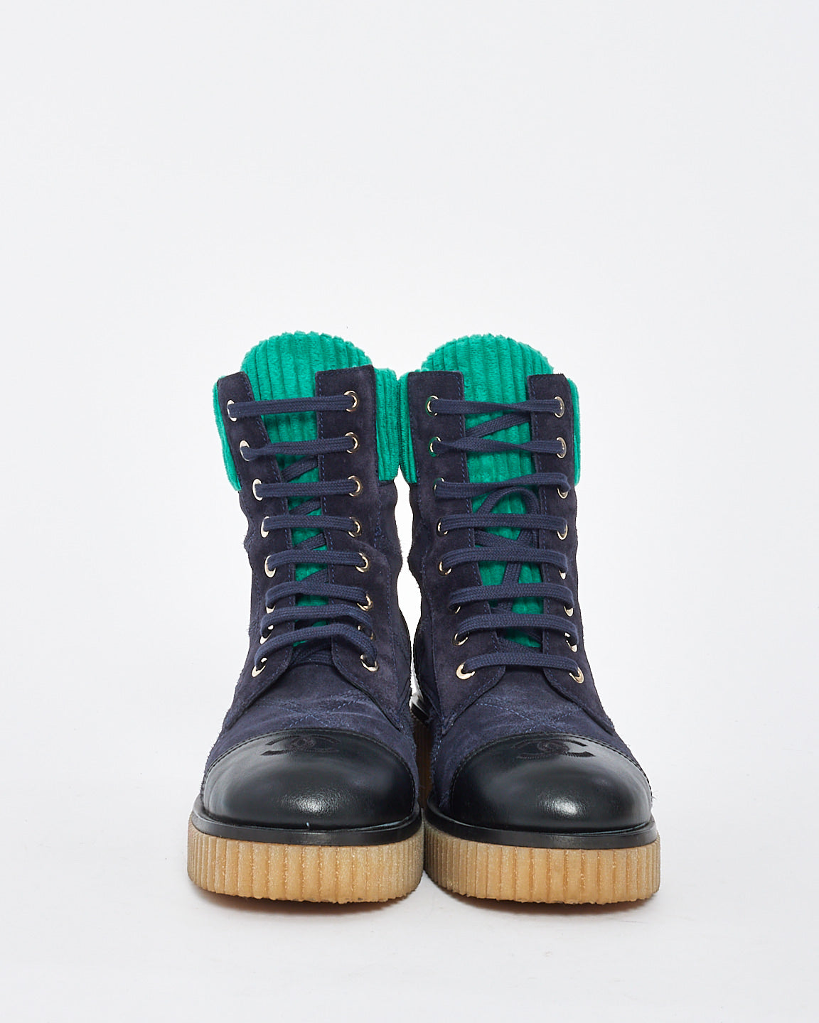 Chanel Navy/Turquoise Suede & Corduroy Combat Boots - 38
