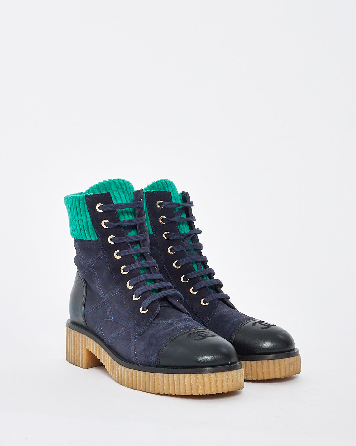 Chanel Navy/Turquoise Suede & Corduroy Combat Boots - 38