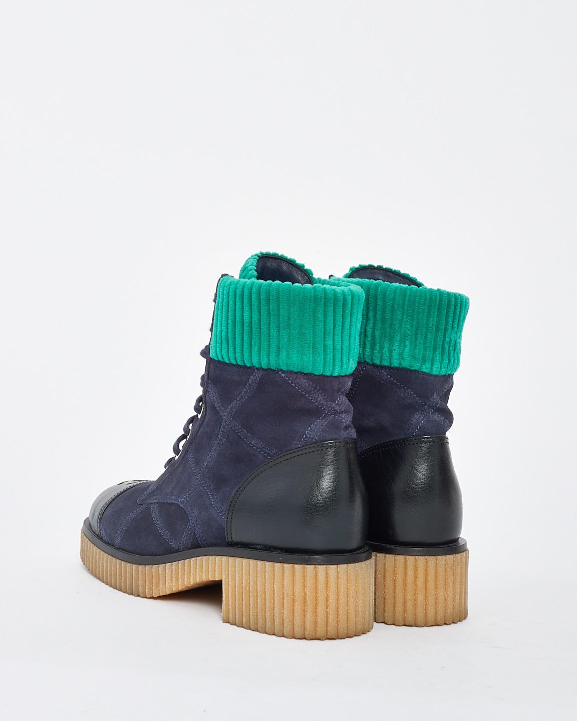 Chanel Navy/Turquoise Suede & Corduroy Combat Boots - 38
