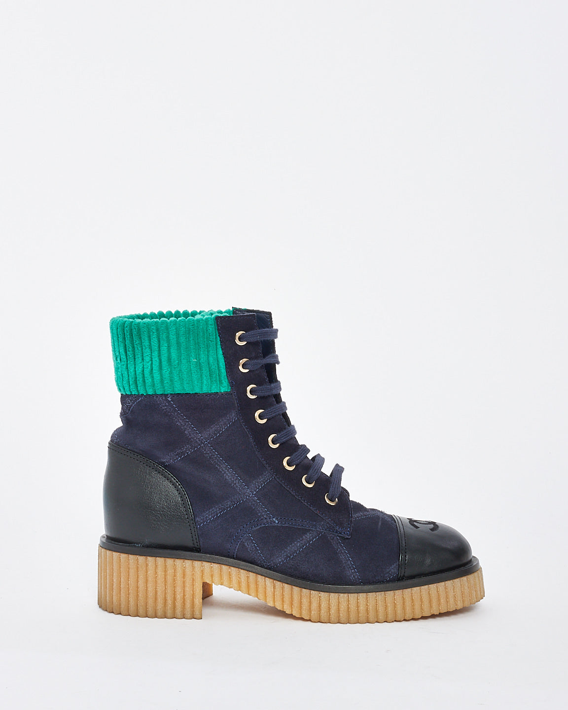 Chanel Navy/Turquoise Suede & Corduroy Combat Boots - 38
