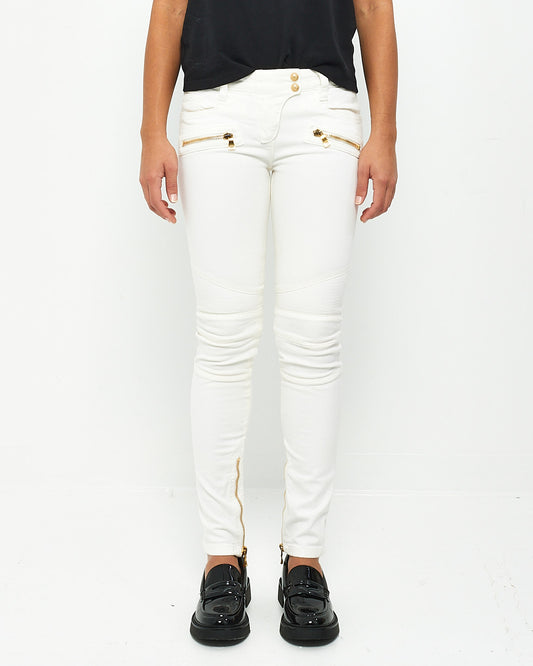 Balmain White Biker Skinny Jeans With Gold Hardware - 36